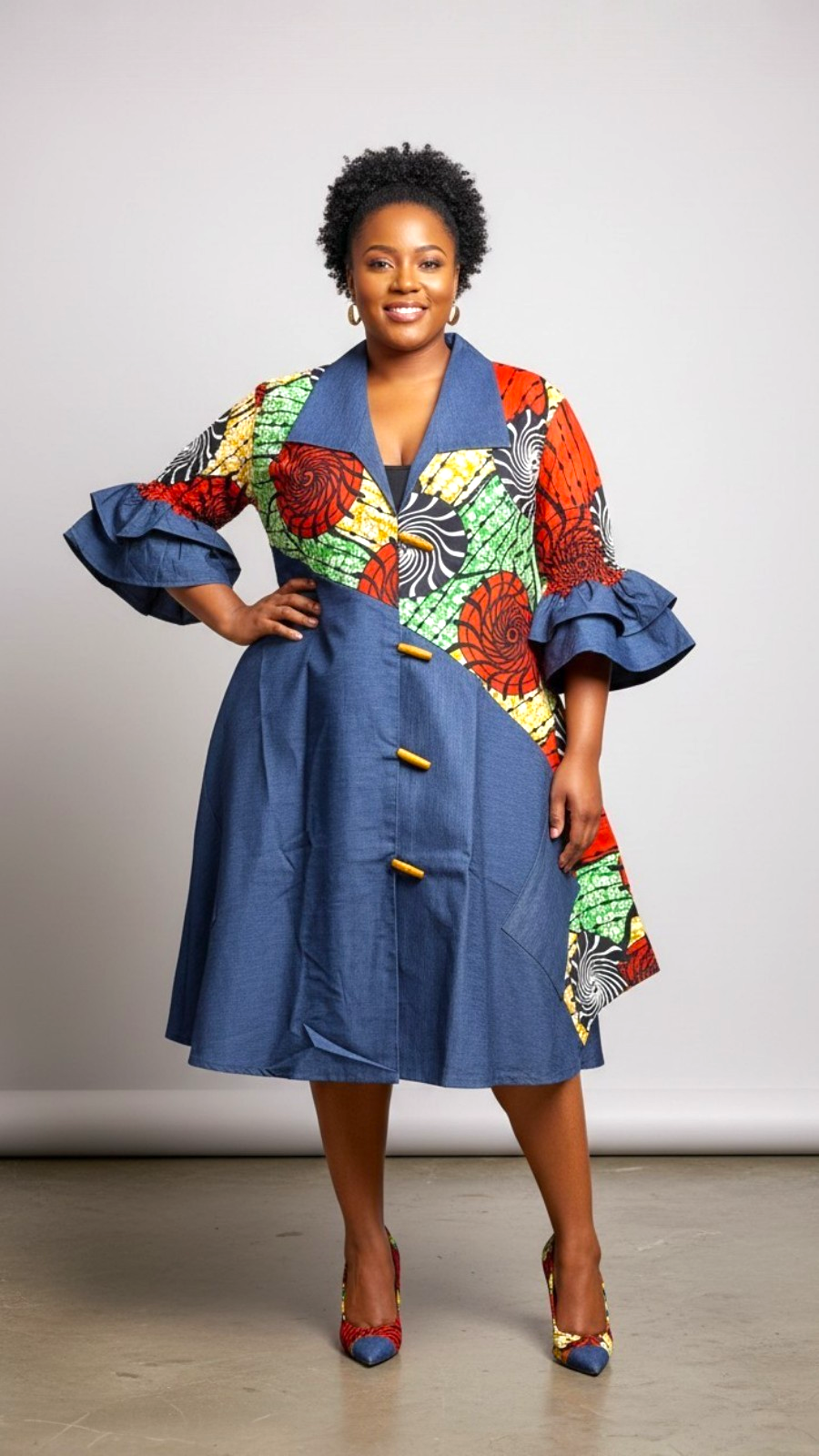 Denim Shirt Dress with Ankara African Print 3139-G