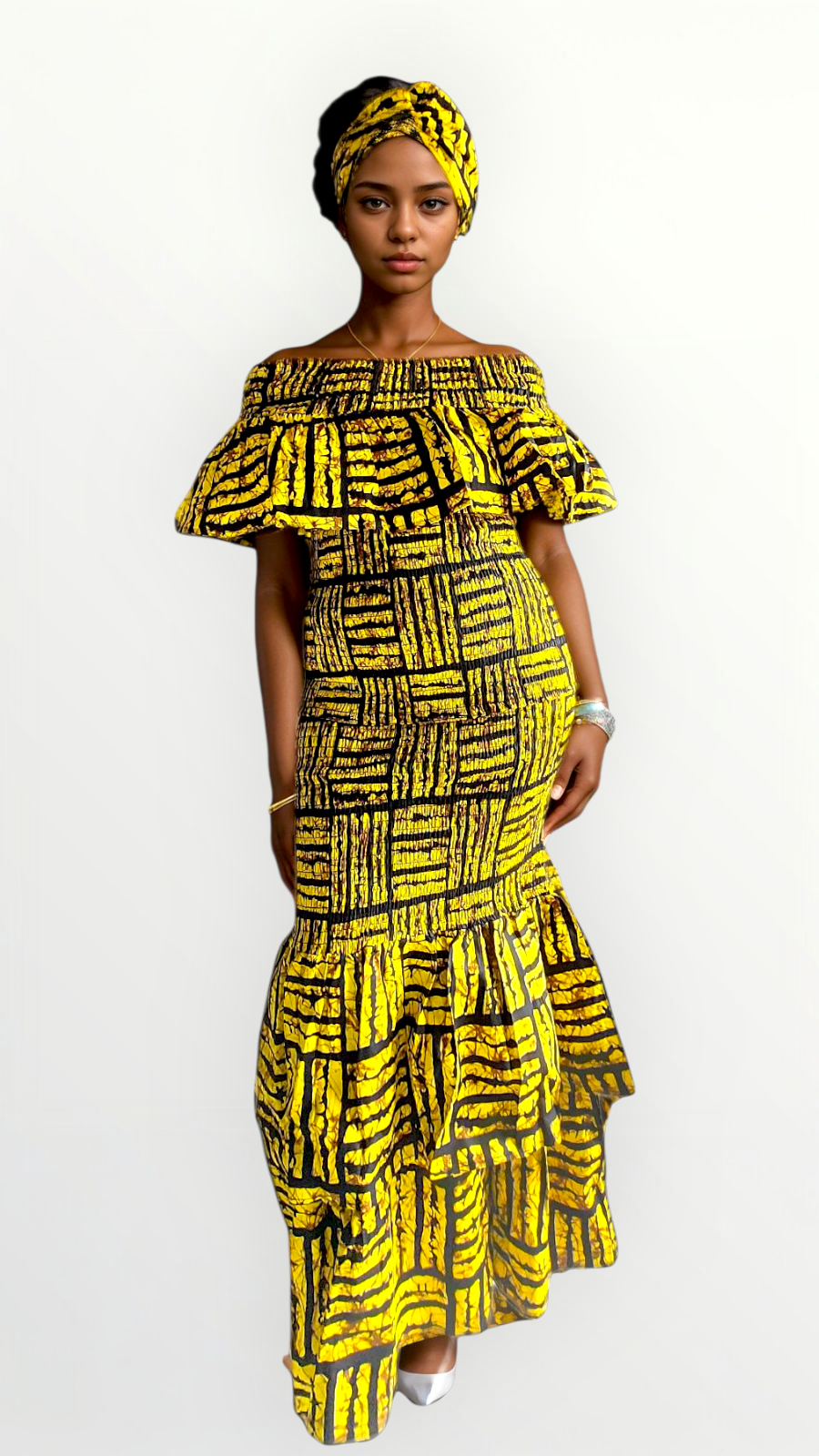 Smocked fitted & flare Skirt & Blouse Set-DRS019 Yellow