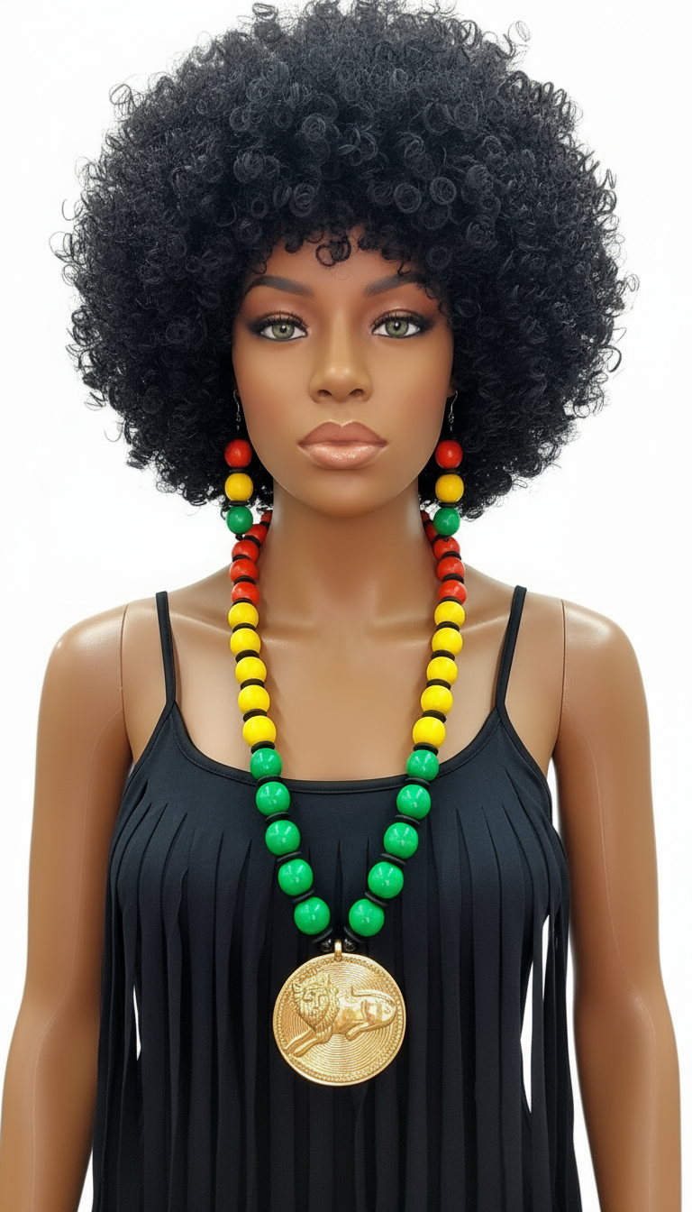 Beaded Pendant Necklace & Earrings Set- Rasta Lion