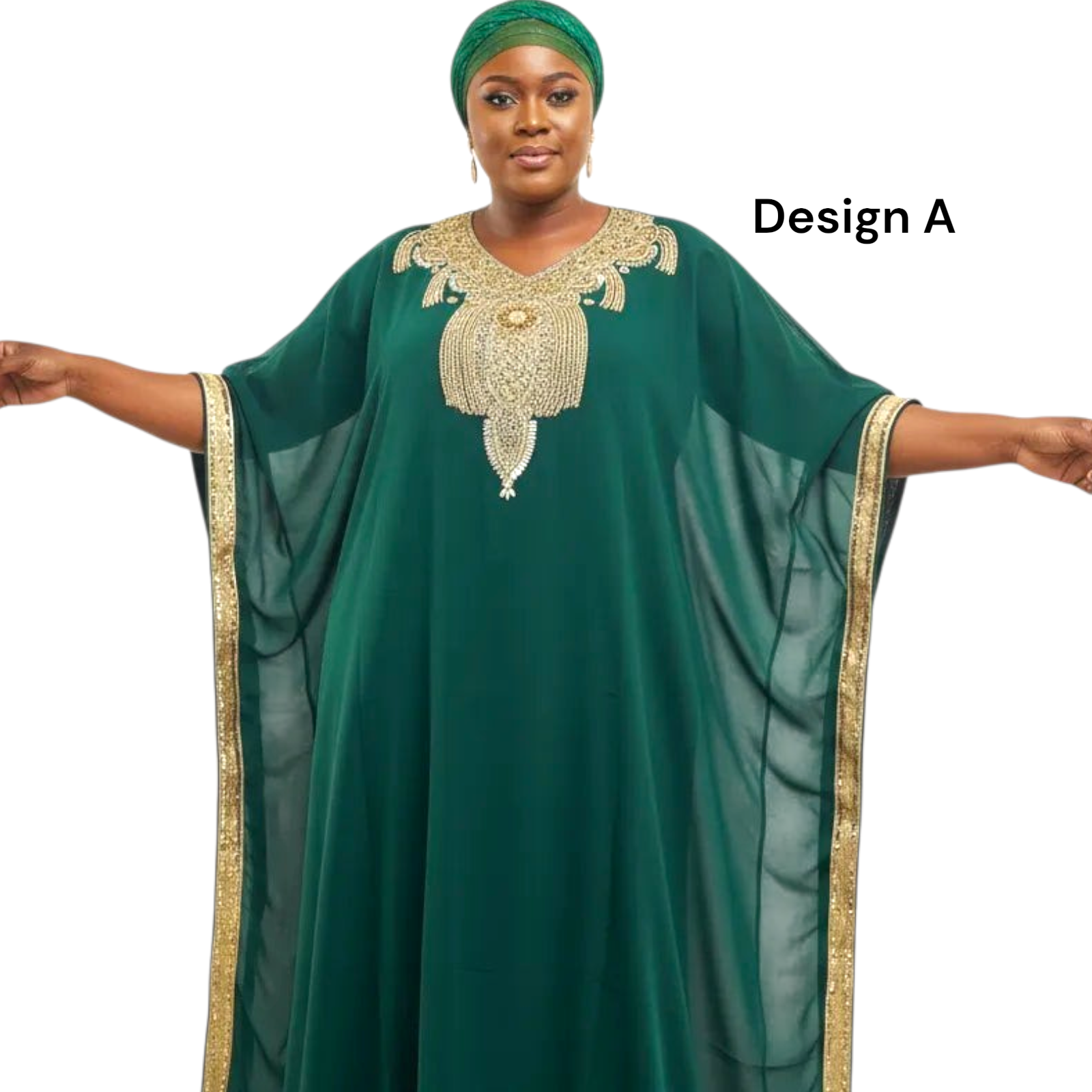 Beaded kaftan Dress With Gold Border Forest Green
