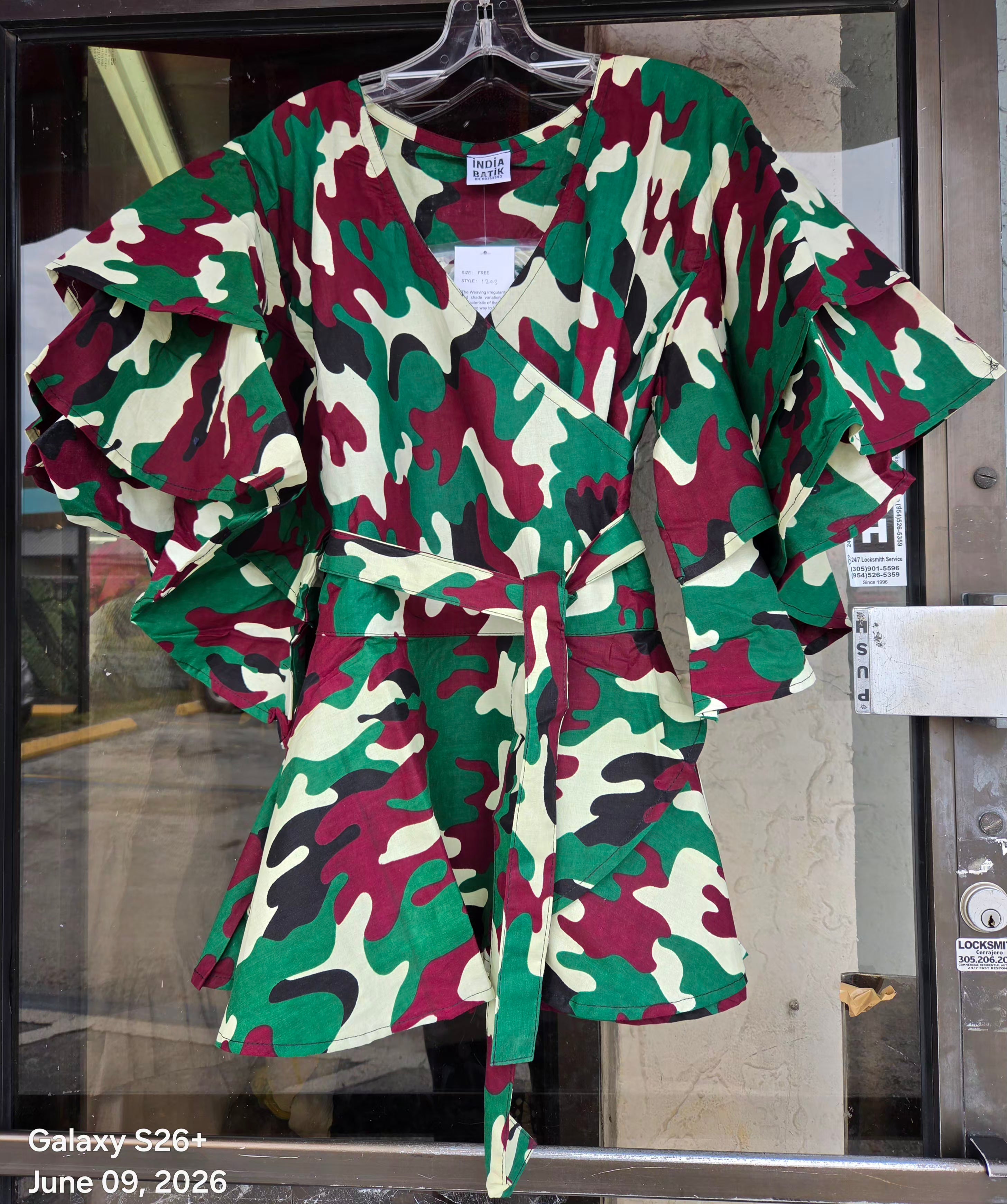 1203 - Wrap Blouse/ Army Print / Burgundy