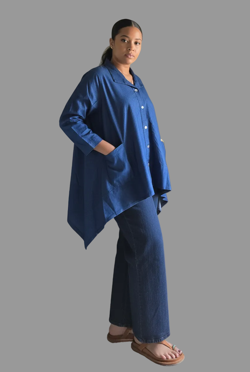 Classic Button-Down Asymmetric Denim Tunic 858X