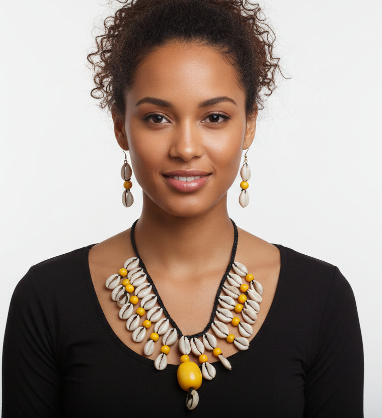 Cowrie Shell Necklace/ Earring Set- Yellow