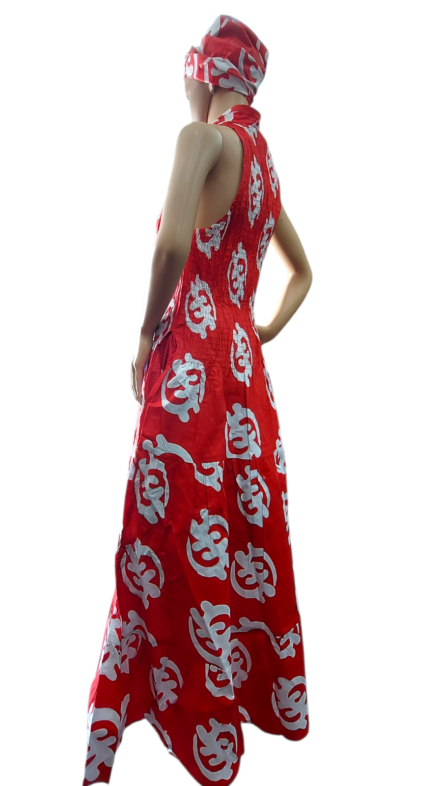 Smocked Halter Dress With Scarf Red Gynamee- 3028L