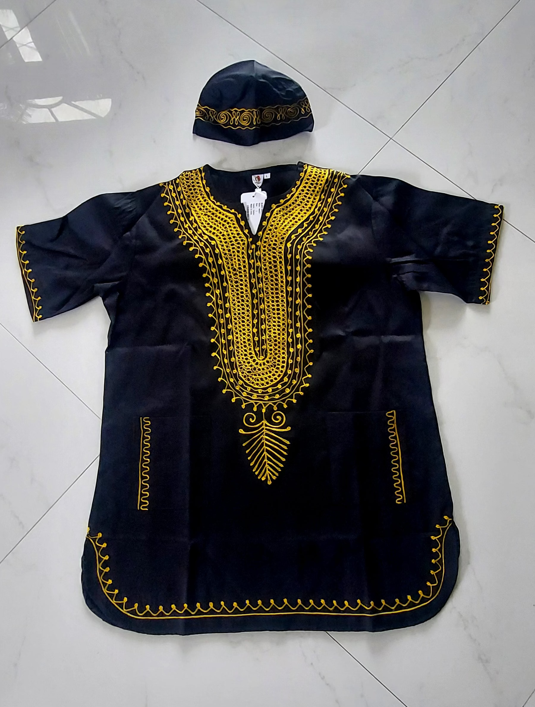 M031 Unisex kurta Embroidery Top  With Kufi Hat - Black
