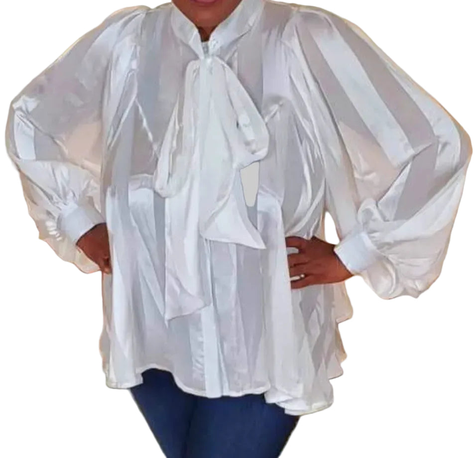 Oversized Bishop Sleeve Bow Blouse - AA21651 White
