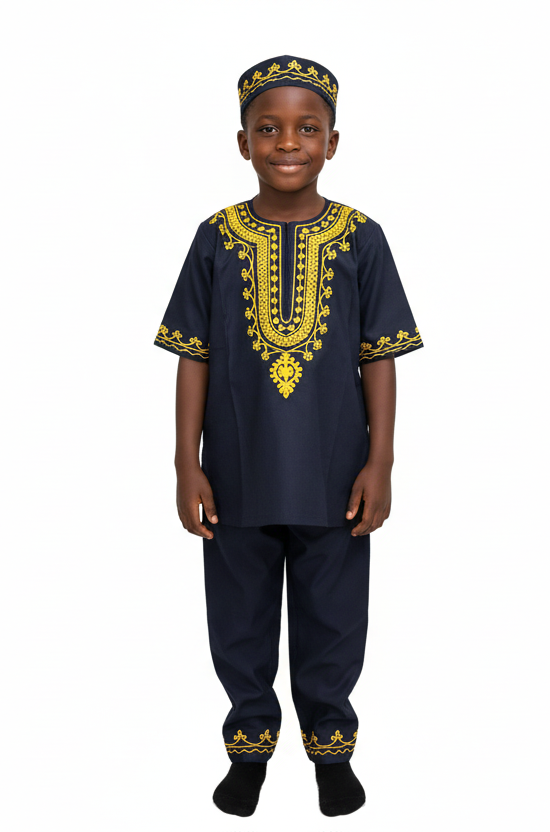 Boys 3 Pcs Embroidery Set/ Pant/Tunic/Kufi Hat 111  Black