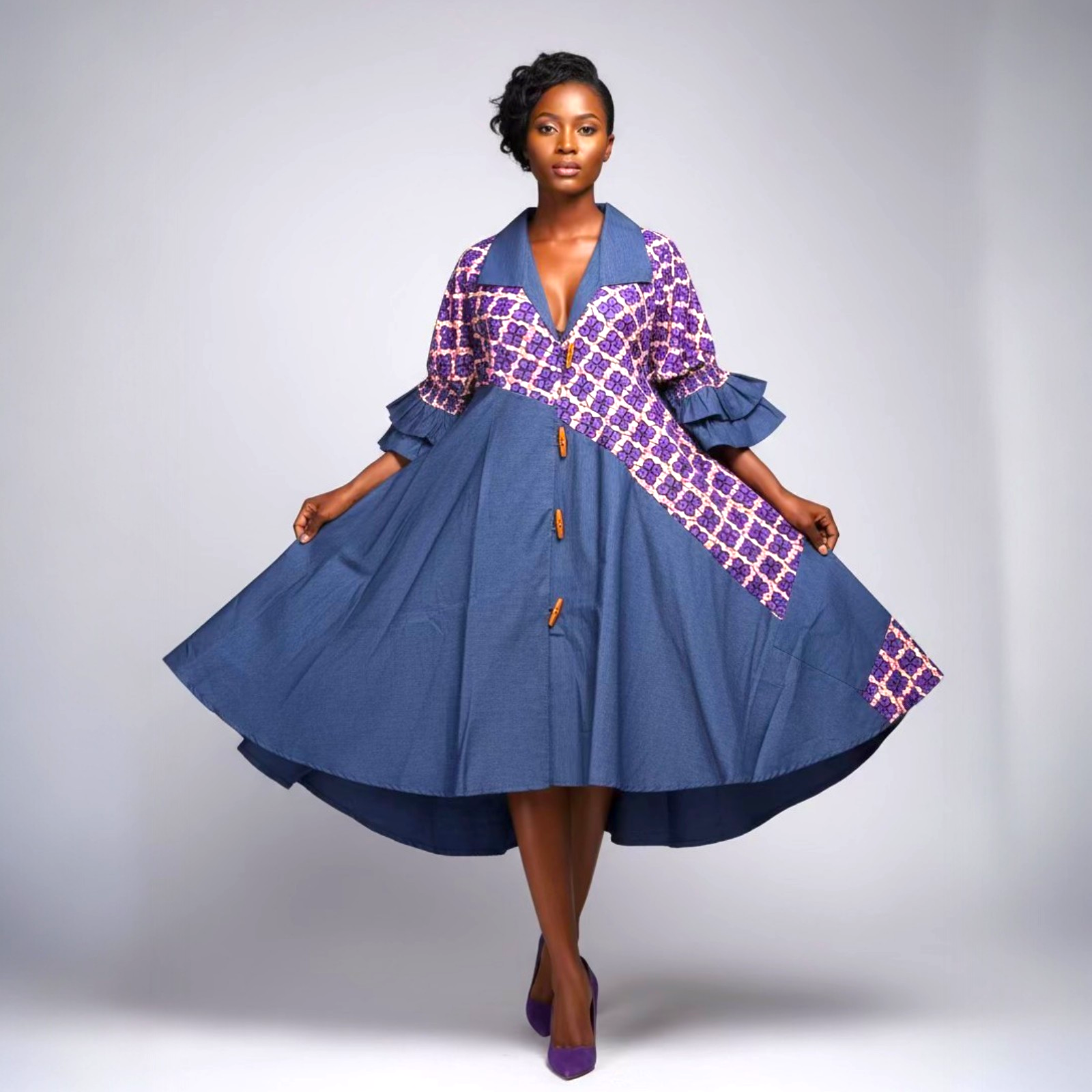 Denim Shirt Dress with Ankara African Print 3139-I