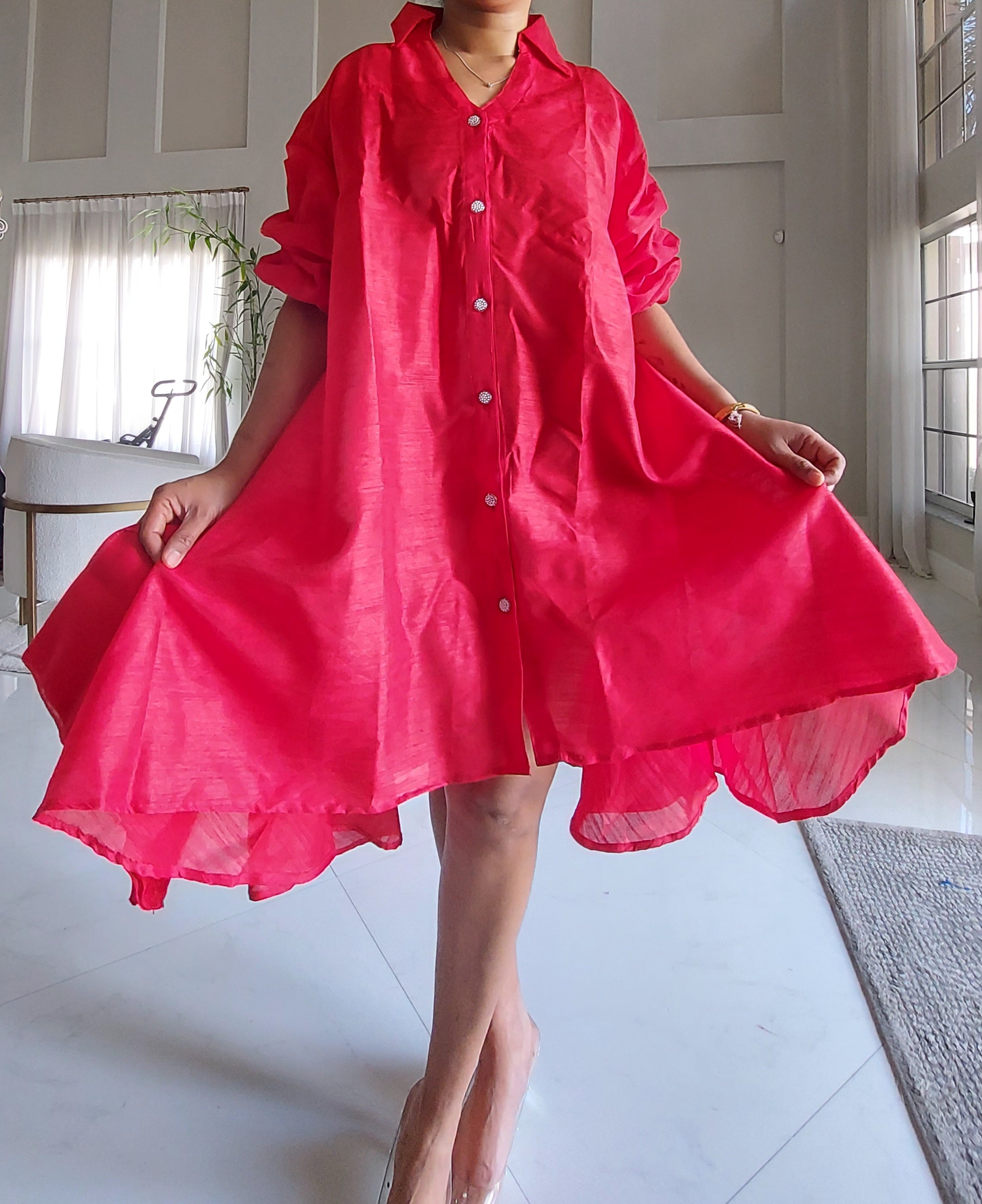 Swing Dress/ Faux Silk/ Ruffle Sleeve - 758 Red