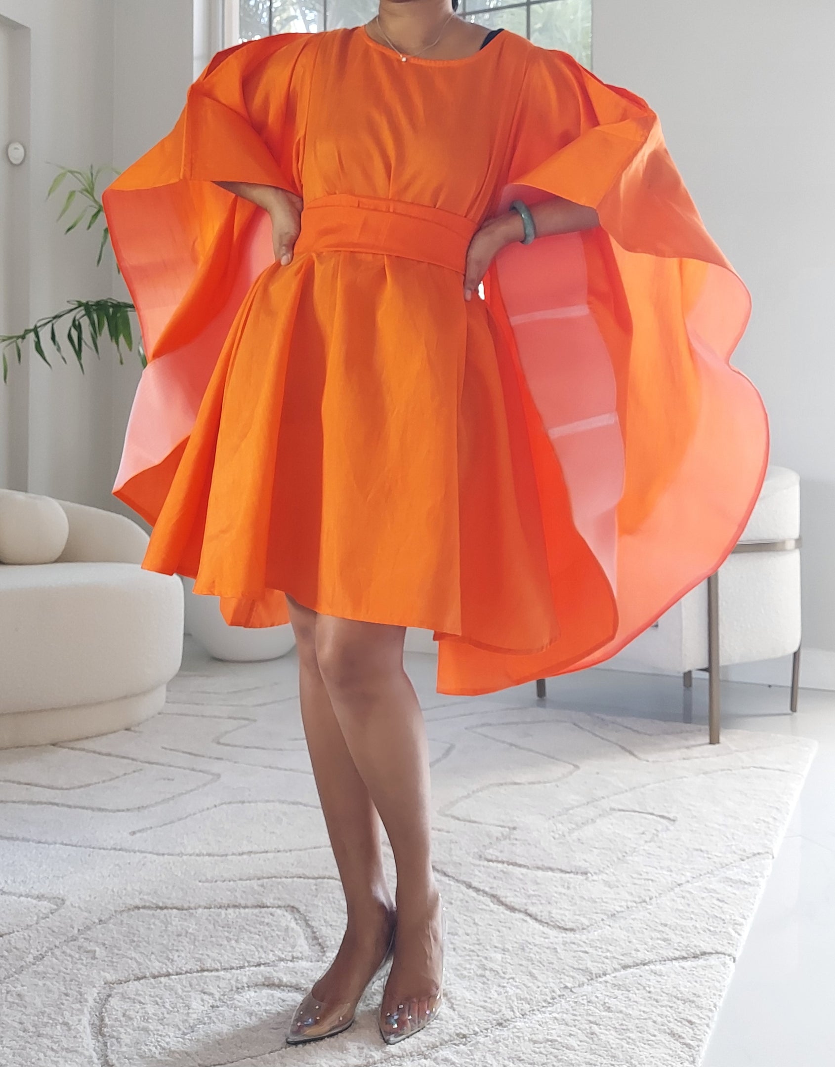 Wing Dress/Faux Silk/Poncho Dress/ Wing Sleeves-25032 Orange