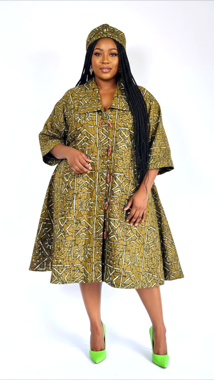 Cotton Swing Dress / Top Ankara Print Olive - DRS029