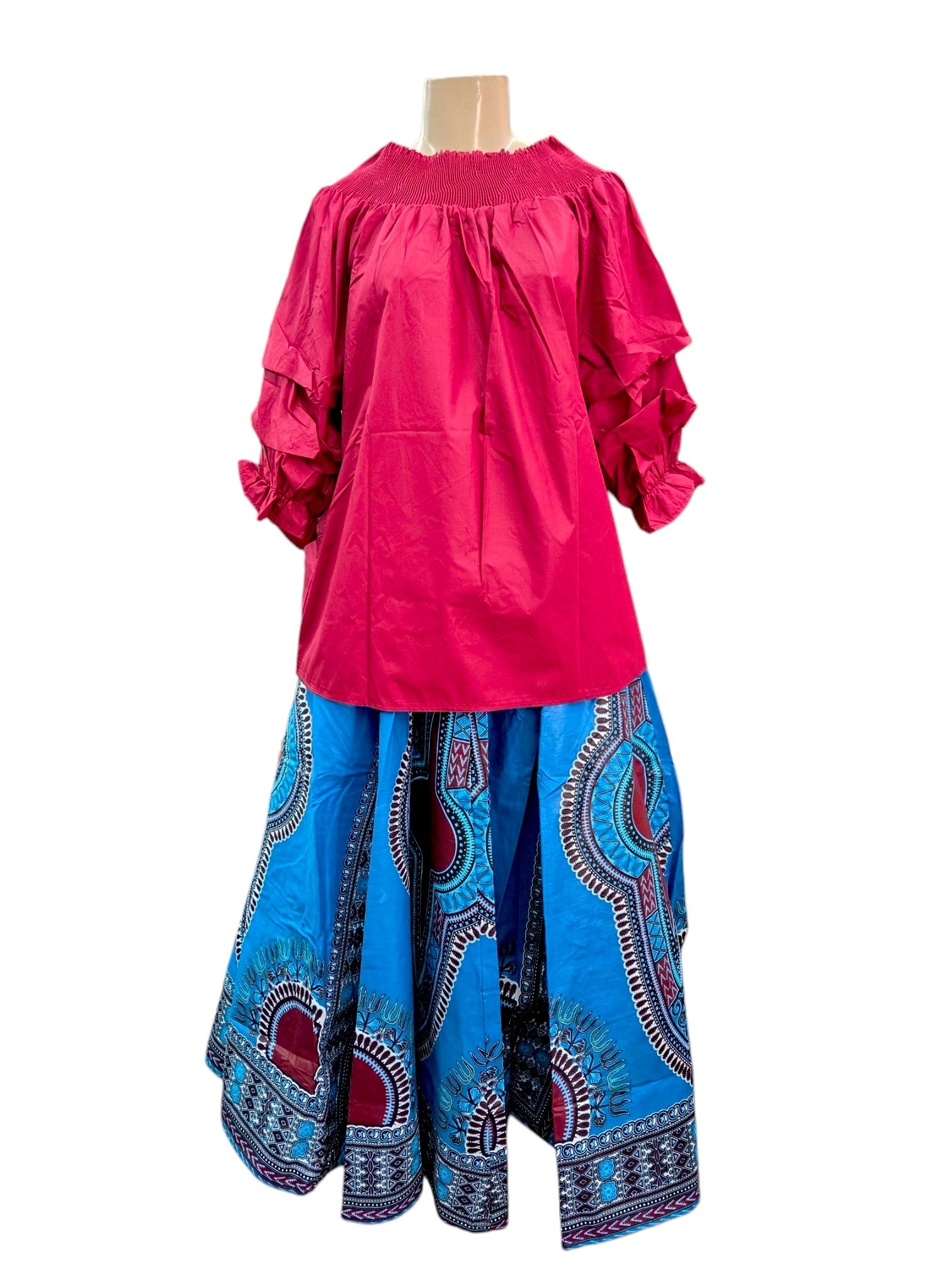 Maxi Skirt African Dashiki - Blue /Burgundy 7001