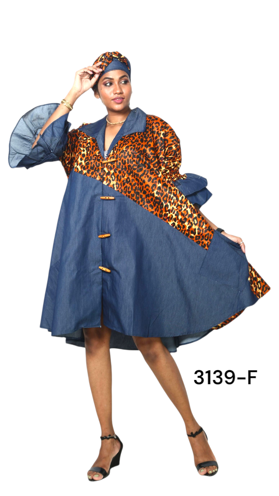 Denim Shirt Dress with Ankara African Print 3139-F