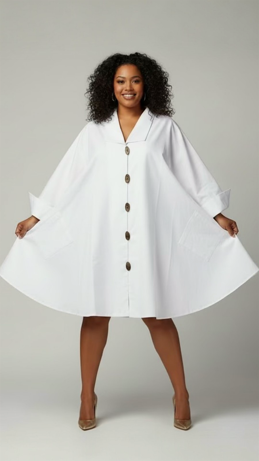 243 - Women Mid Length Coat Dress / Blouse - White / Gold