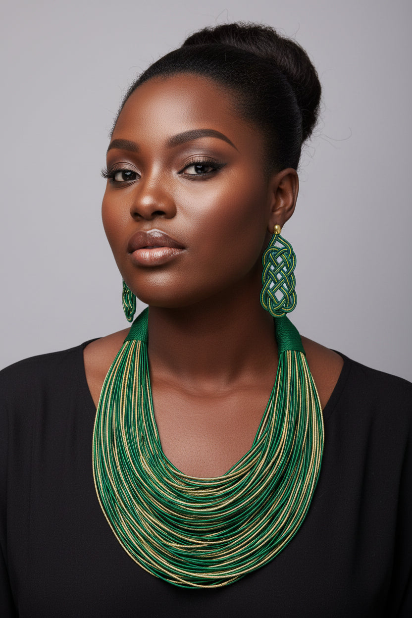 Rope Layered Necklace & Earrings Set Two Tone Green/Gold