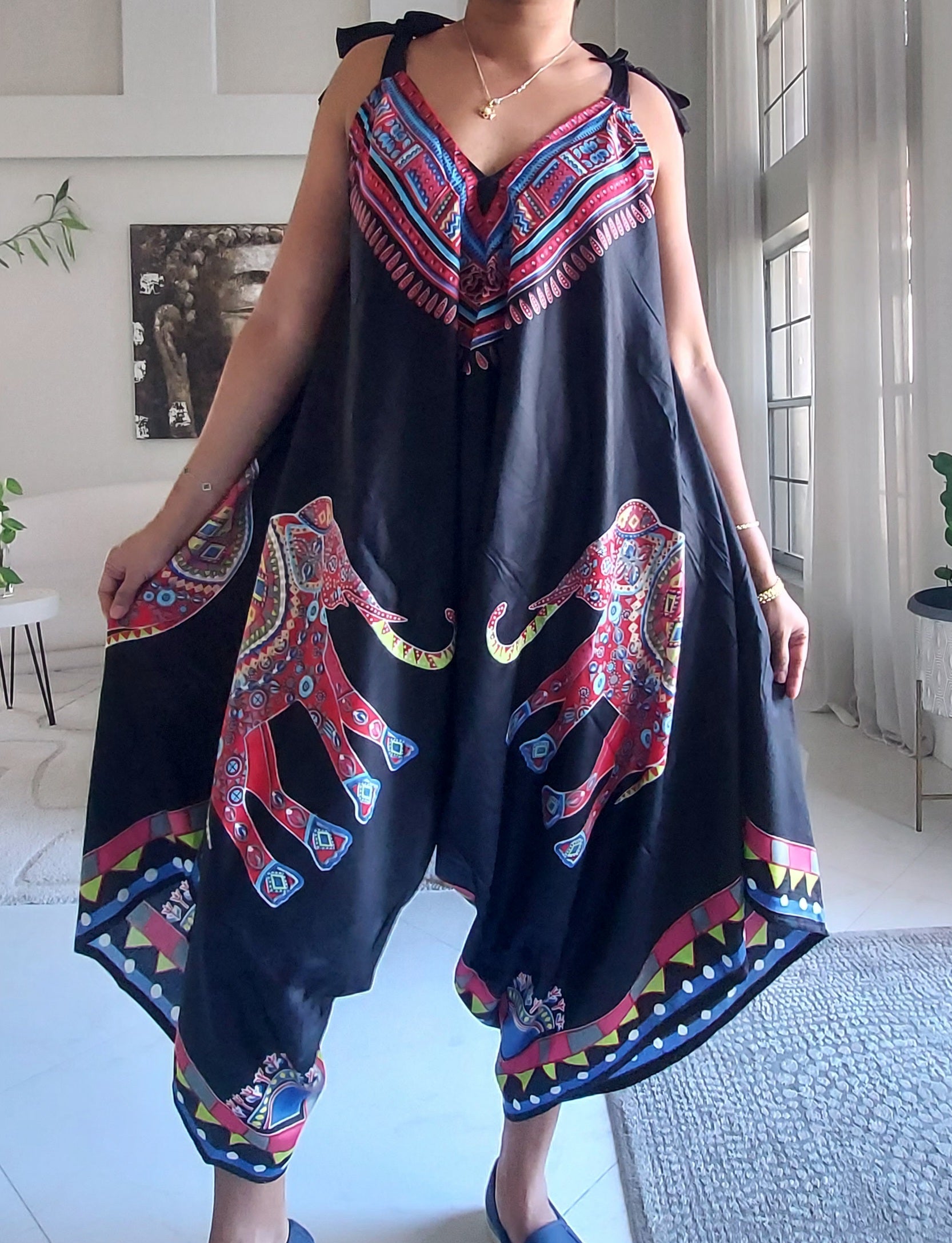 Harem Romper / Jumper  Elephant Print Red -009