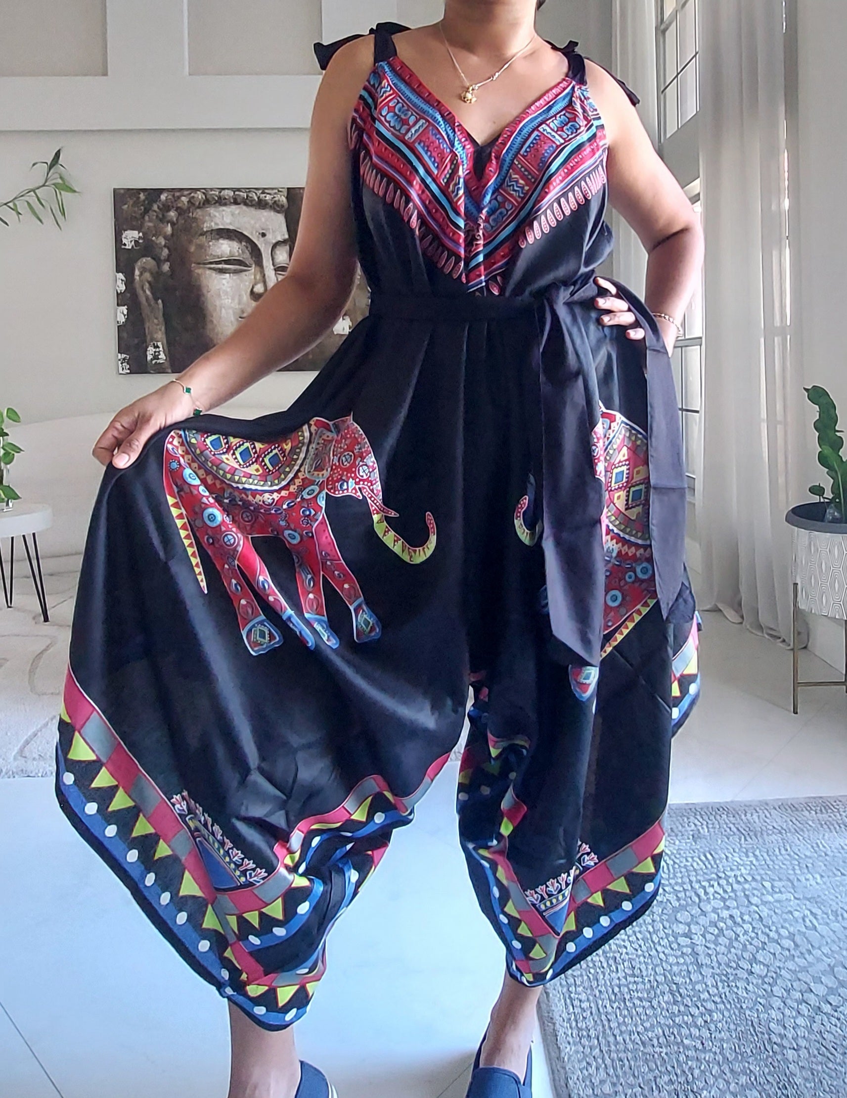 Harem Romper / Jumper  Elephant Print Red -009