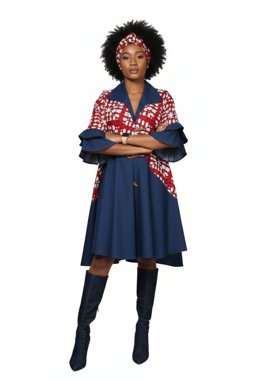 Denim Swing Dress with Ankara African Print 3139-E