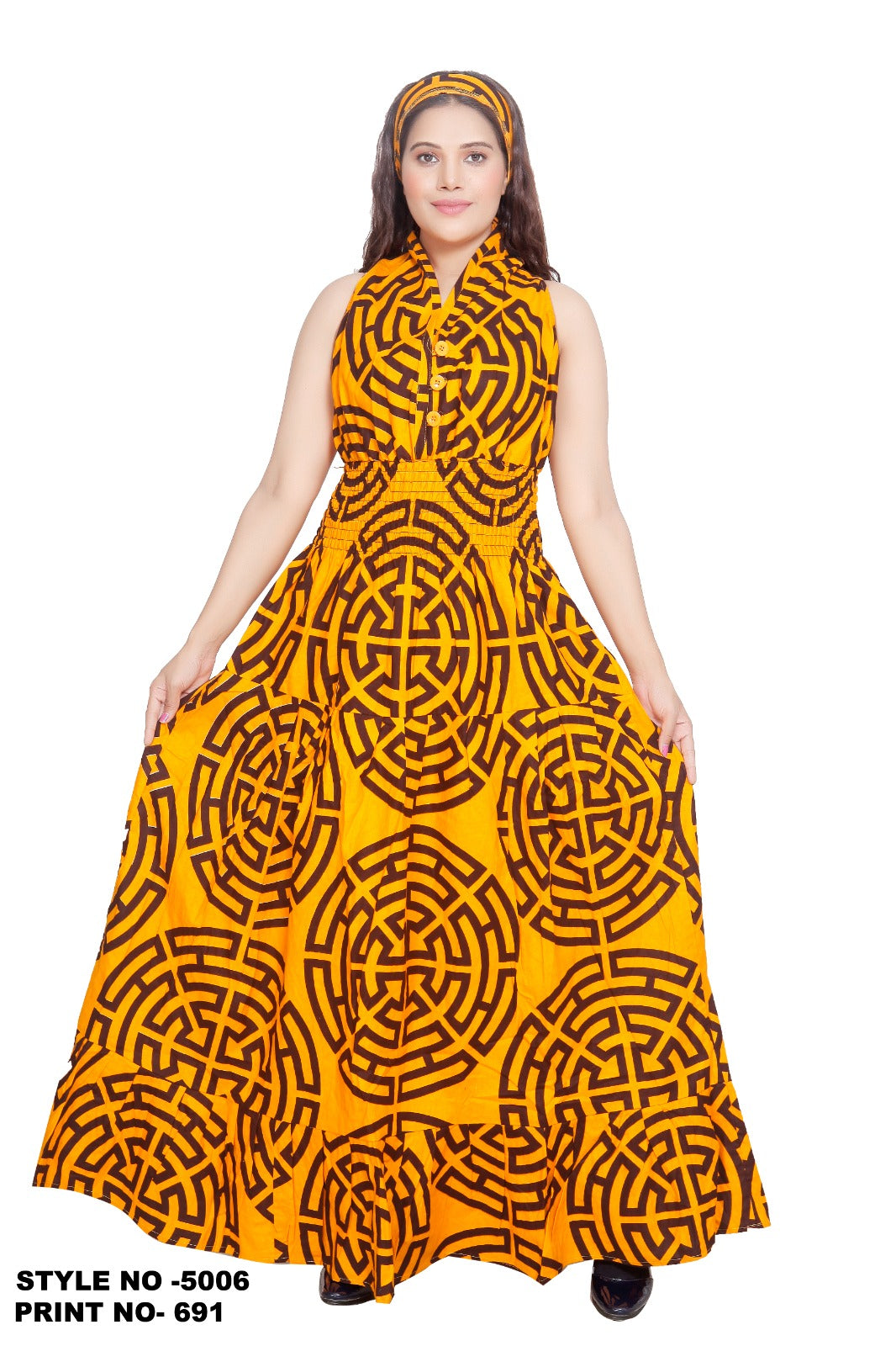 5005 Smocked Dress With Scarf Print 691