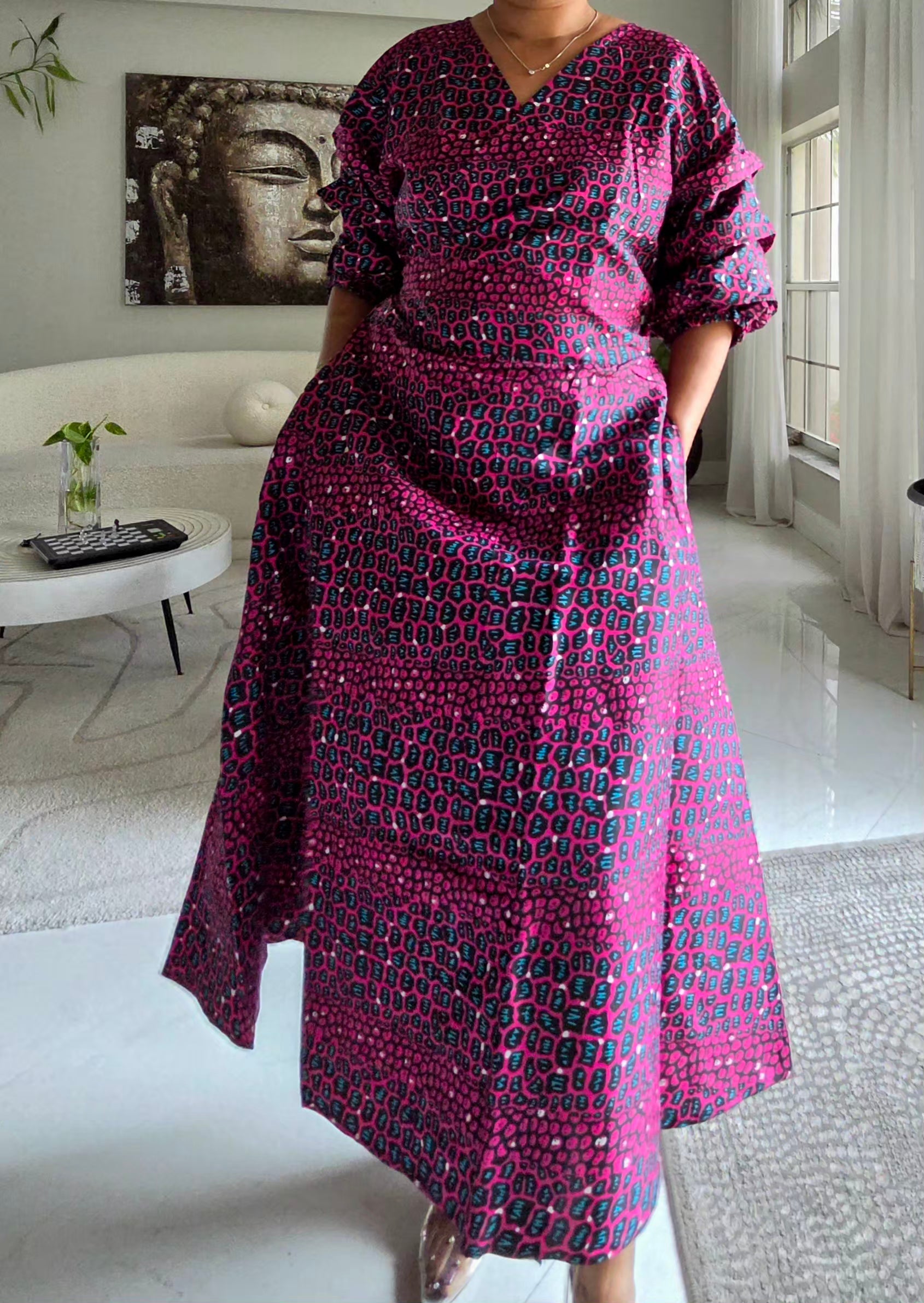 746 Wrap Dress With Puffed Sleeves Print  839