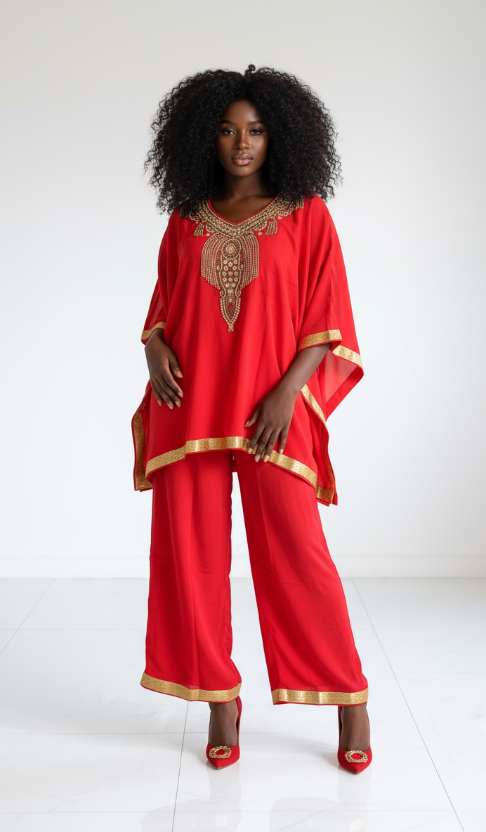 kaftan Palazzo Set Red And Gold - kP05