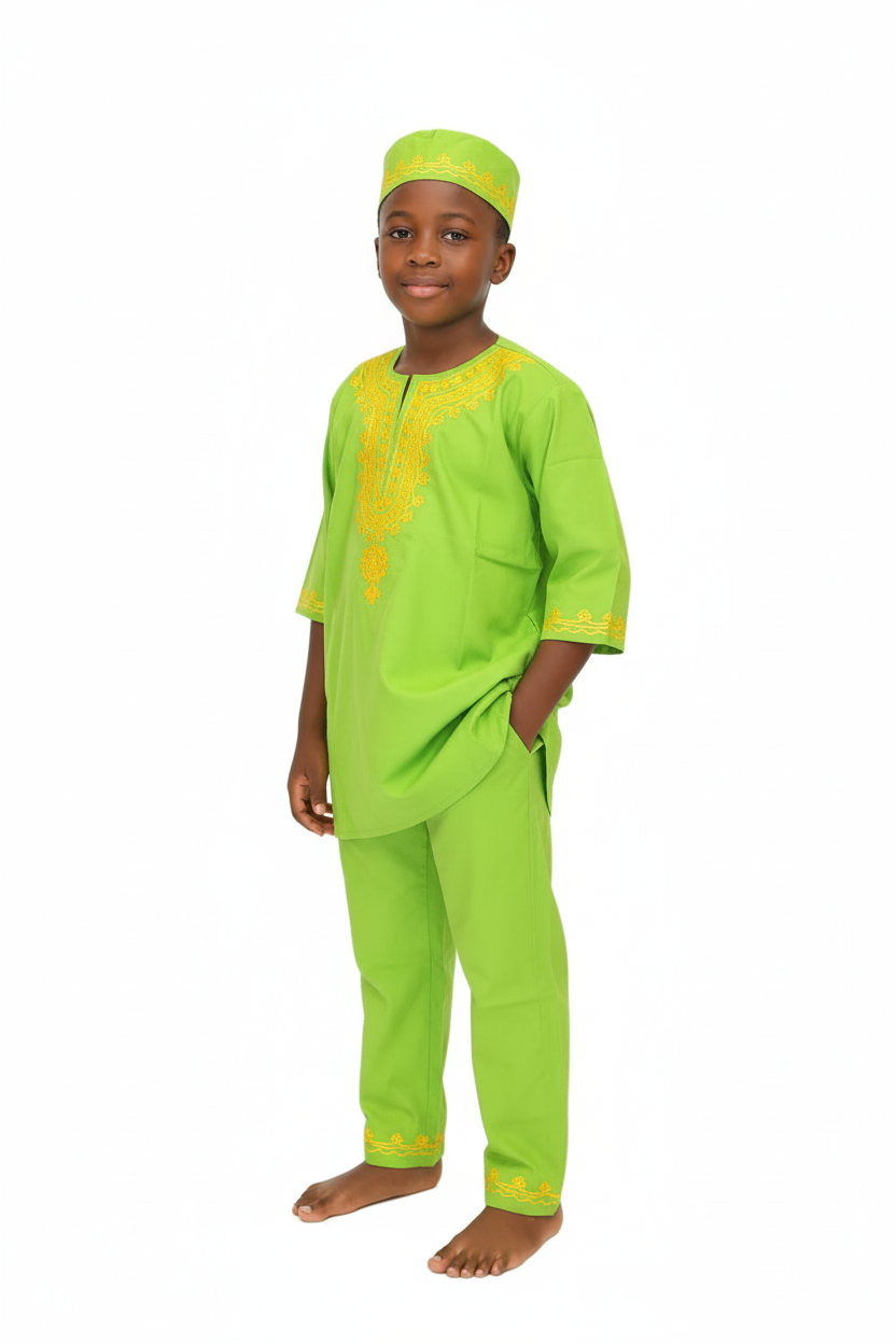 Boys 3 Pcs Embroidery Set/ Pant/Tunic/Kufi Hat 111 Green