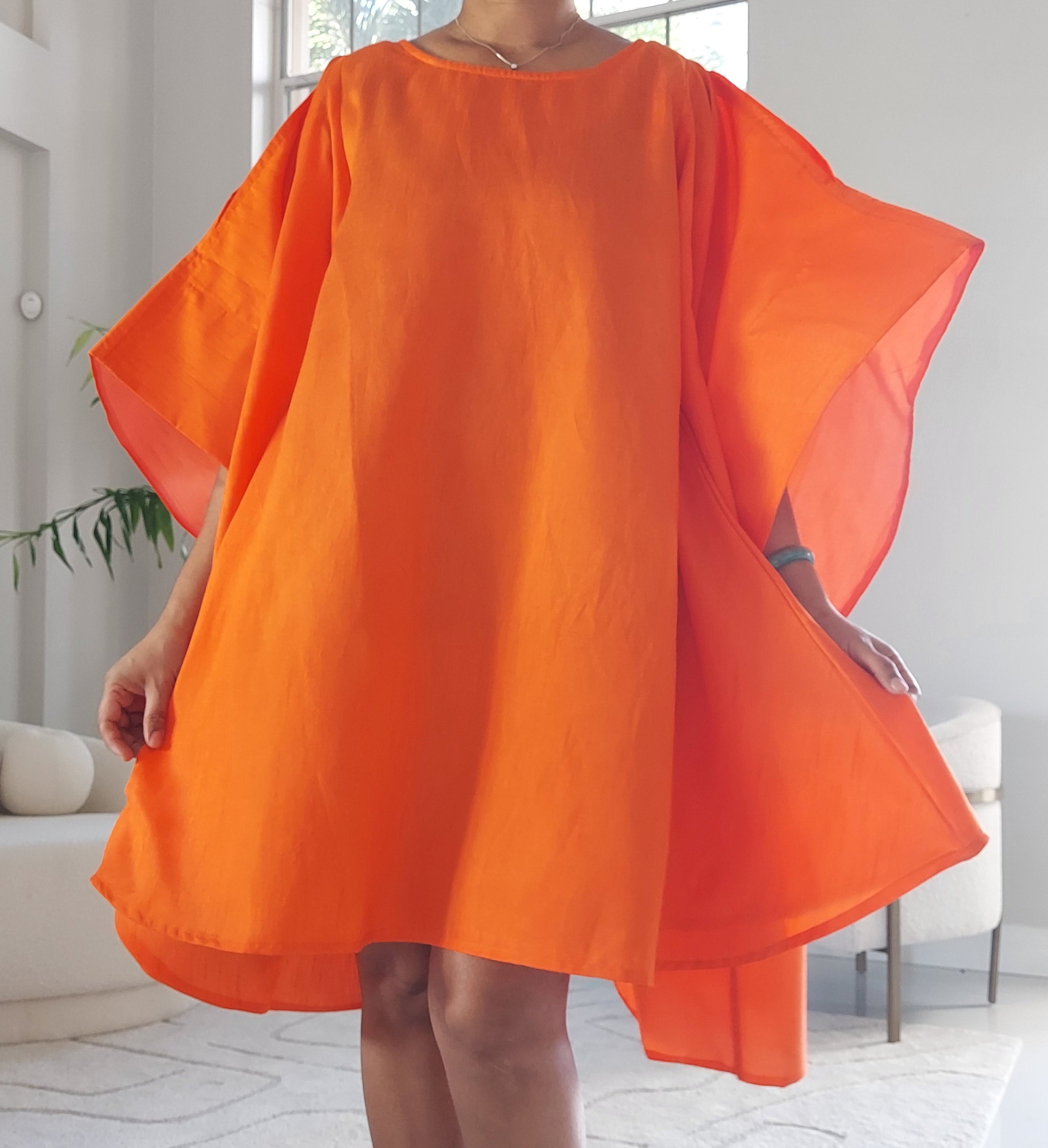 Wing Dress/Faux Silk/Poncho Dress/ Wing Sleeves-25032 Orange