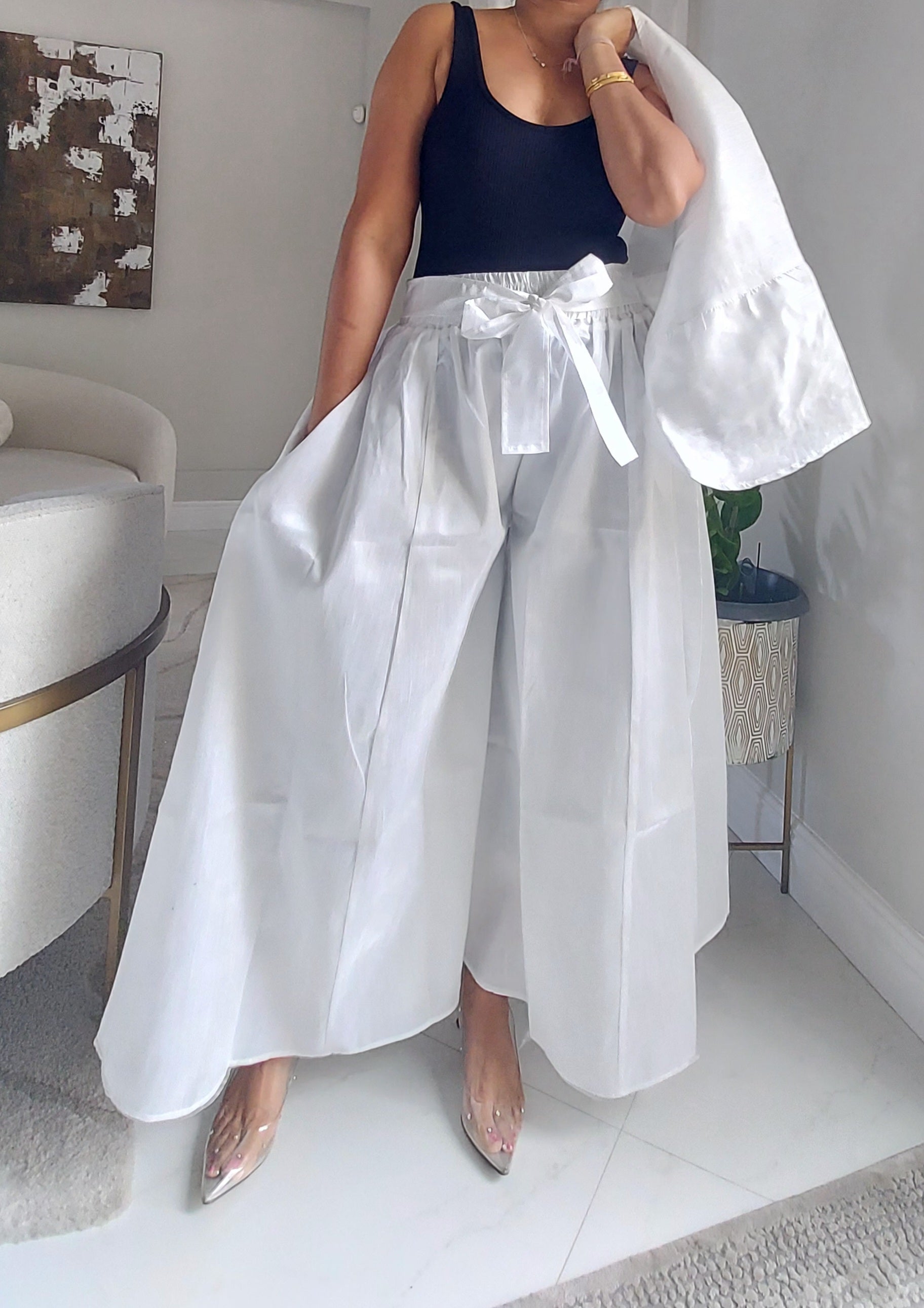 Faux Silk Palazzo Pant Set - 4196 White