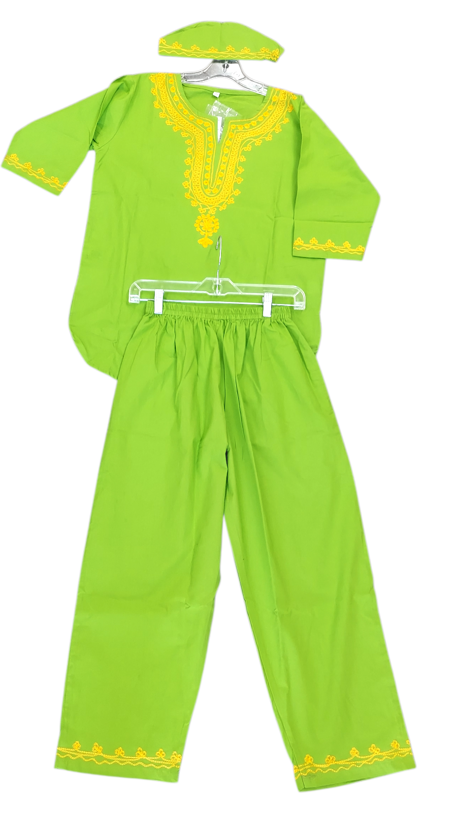 Boys 3 Pcs Embroidery Set/ Pant/Tunic/Kufi Hat 111 Green