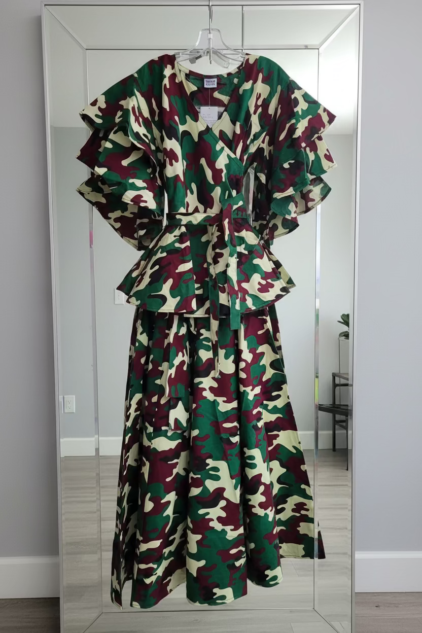 Wrap Blouse & Long Skirt Set- Burgundy Camouflage