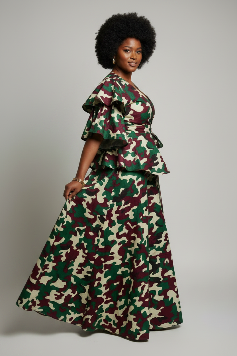 Wrap Blouse & Long Skirt Set- Burgundy Camouflage