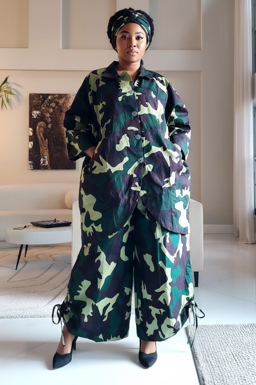 Camouflage Print 2-Piece Cotton Pant Set