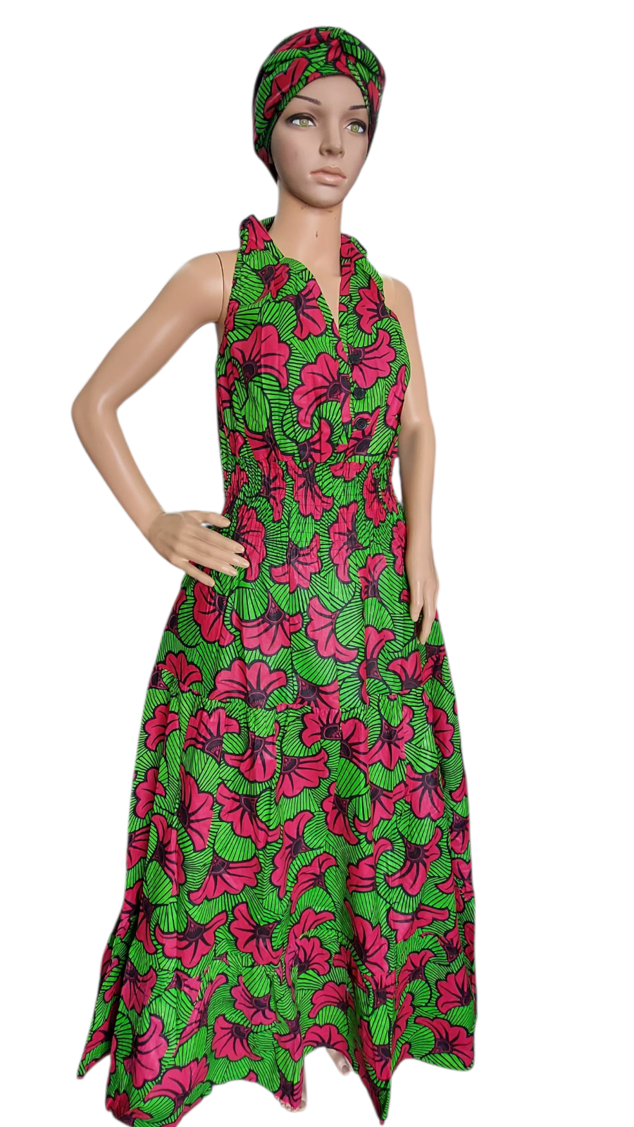 Smocked Halter Dress With Scarf Fuchsia Floral - 3028L