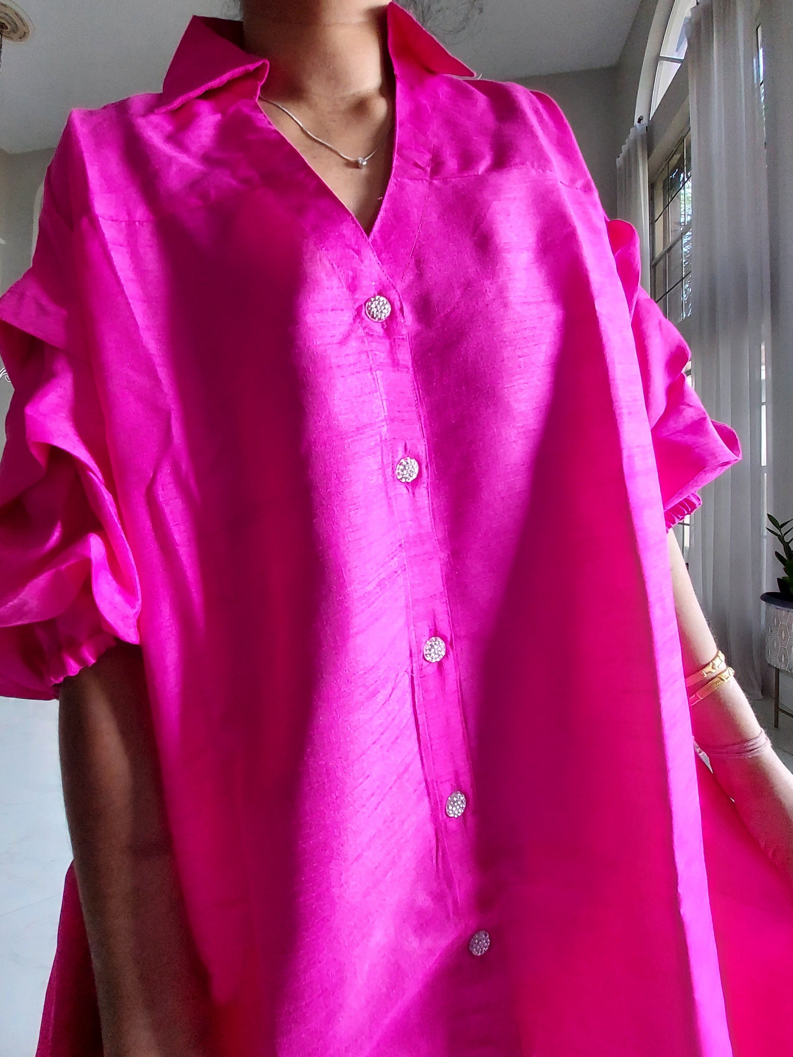 Swing Dress/ Faux Silk/ Ruffle Sleeve - 758 Bright Pink