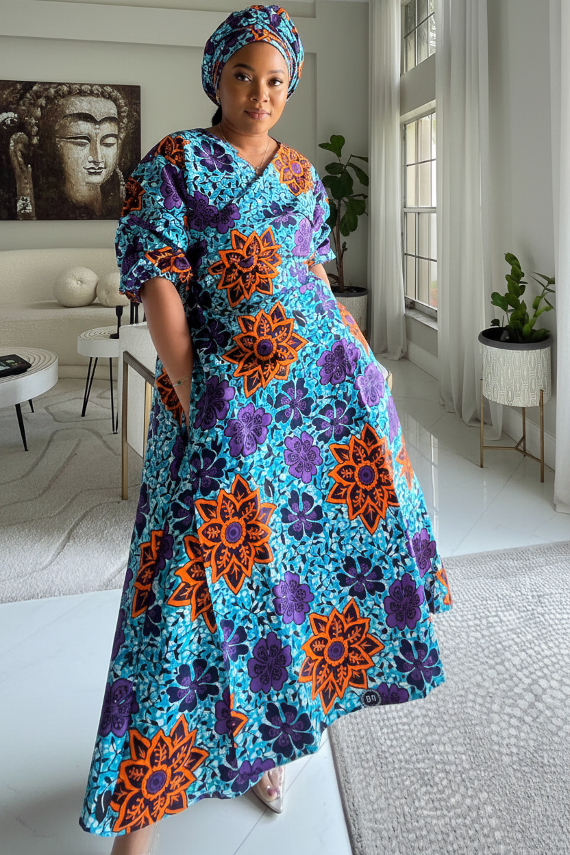 746 Wrap Dress With Puffed Sleeves Print 840