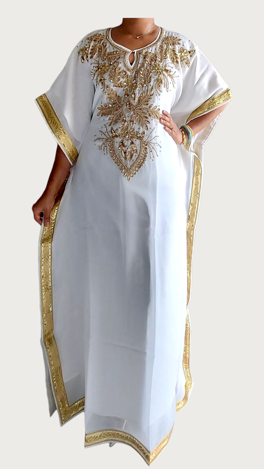 Beaded kaftan Dress & Scarf - KVZ White/Gold