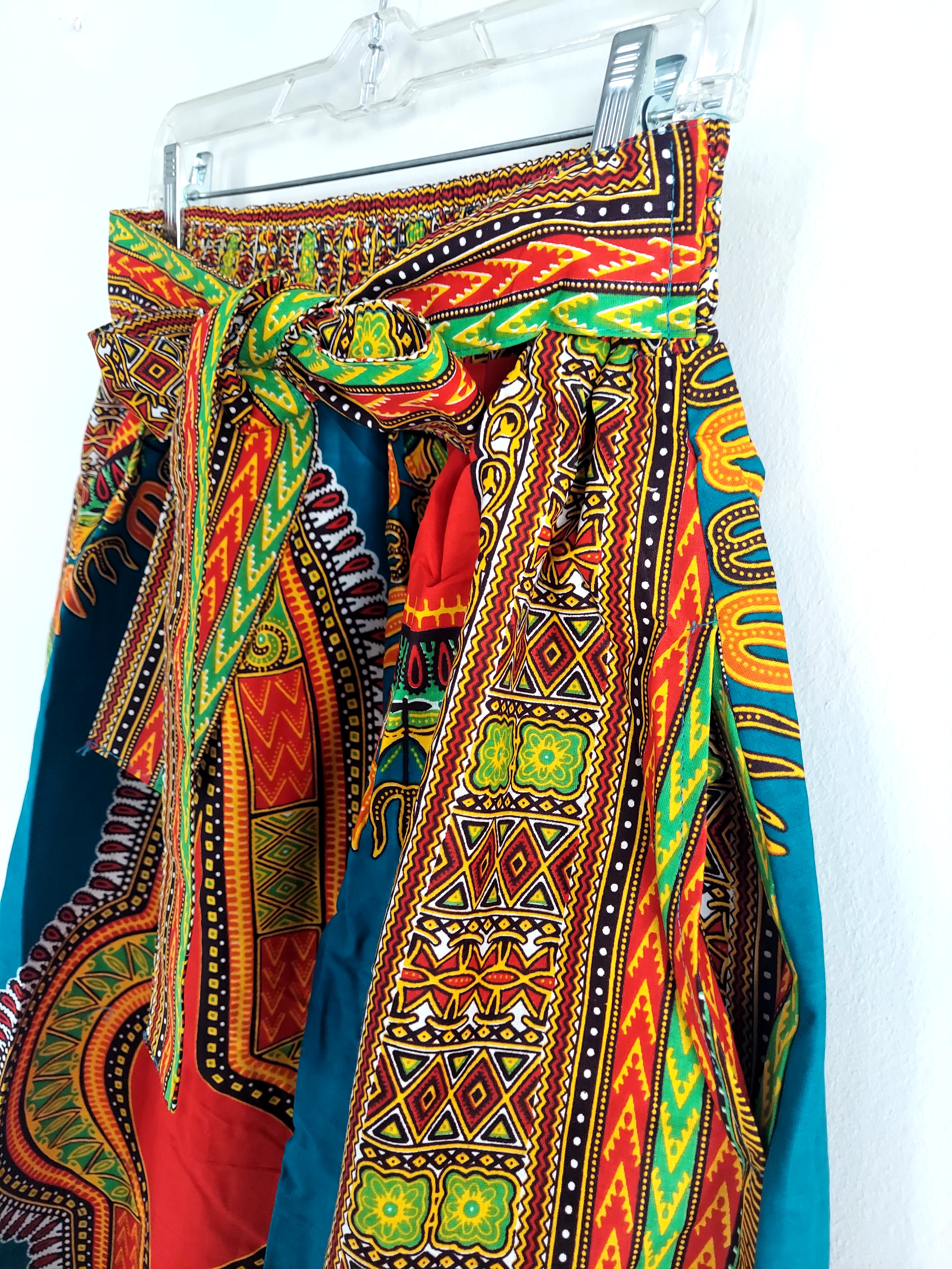 Women Long Dashiki Print Skirt - 6011D Teal/Red