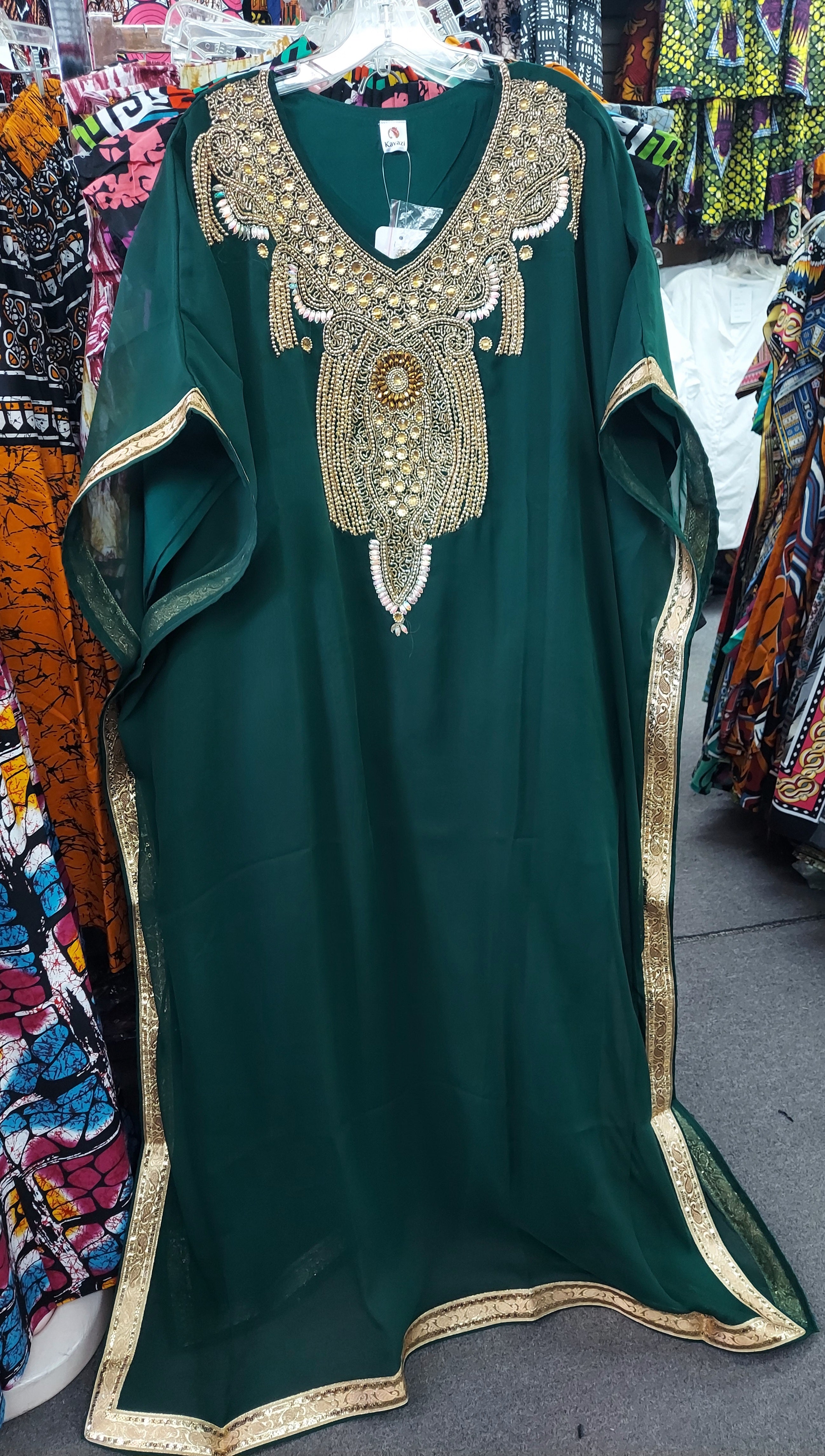 Beaded kaftan Dress With Gold Border Forest Green