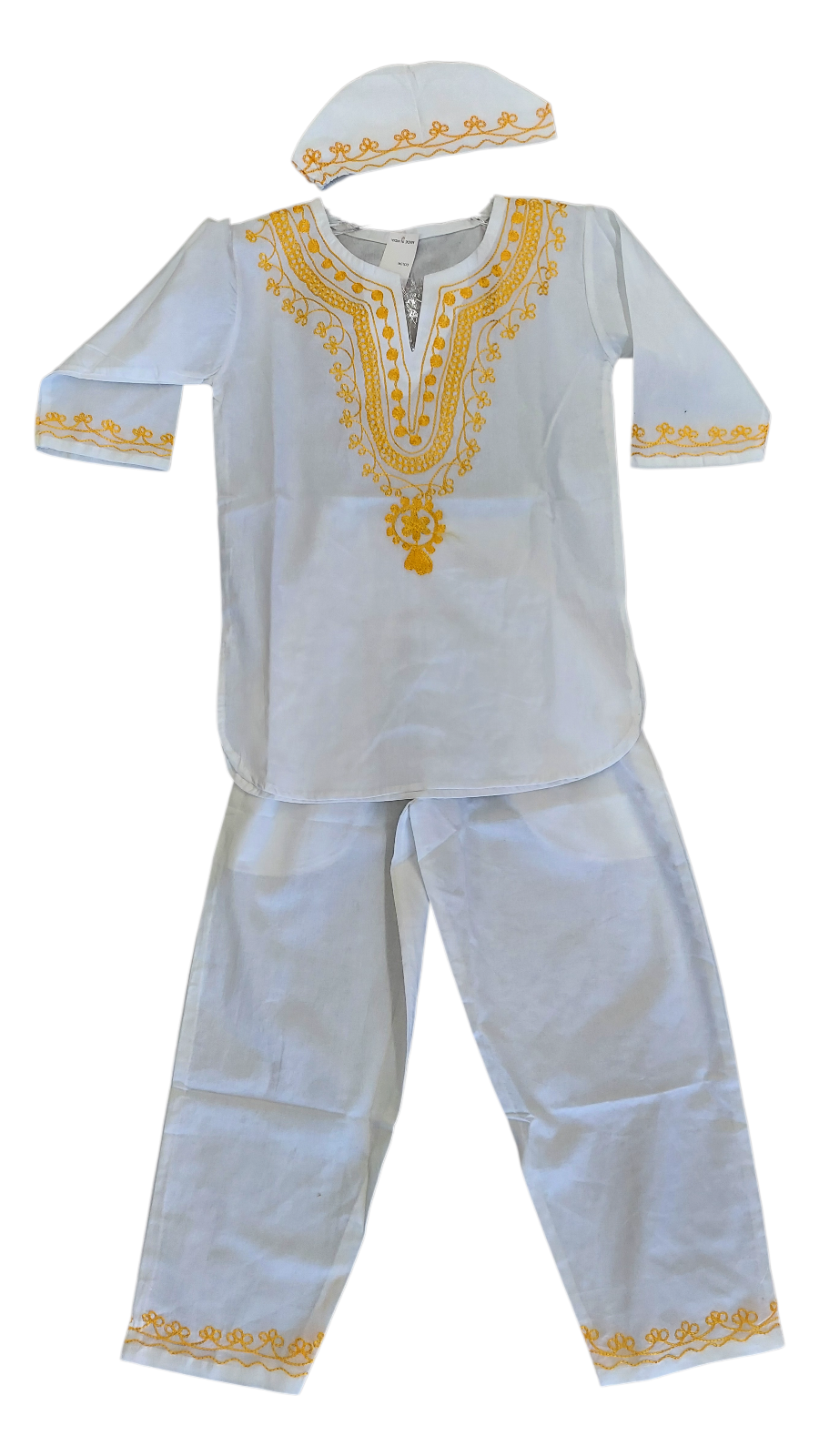 Boys 3 Pcs Embroidery Set/ Pant/Tunic/Kufi Hat 111 White