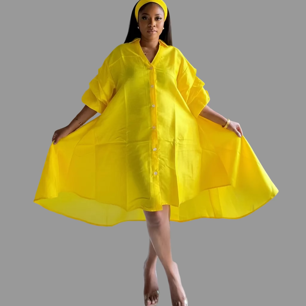 Swing Dress/ Faux Silk/ Ruffle Sleeve / Sparkle Button - 758