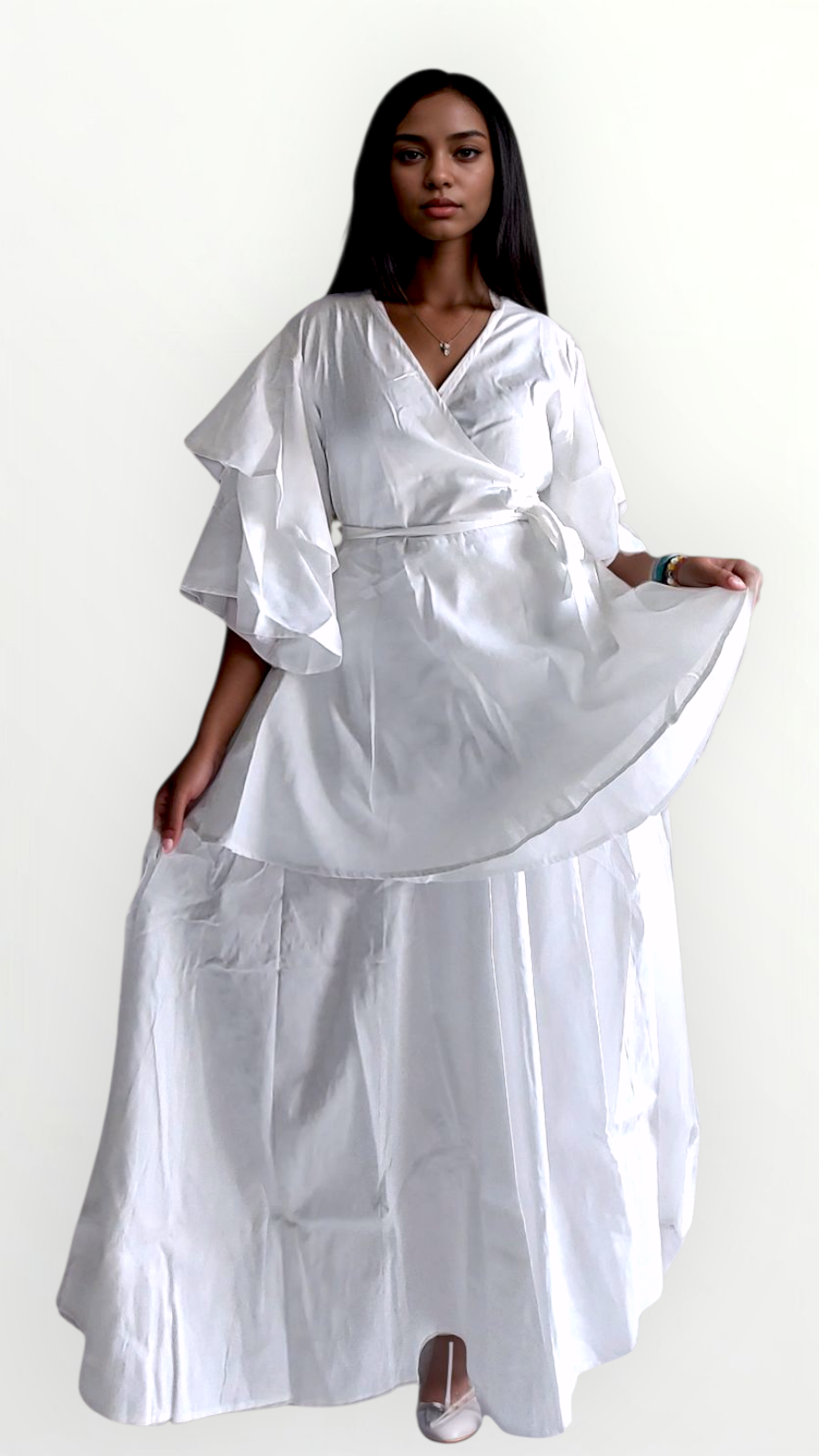 Cotton Wrap Blouse & Long  Skirt-TO12/1350 White