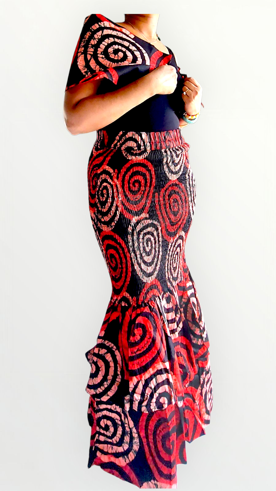 Smocked fitted & flare Skirt & Blouse Set-DRS019 Red