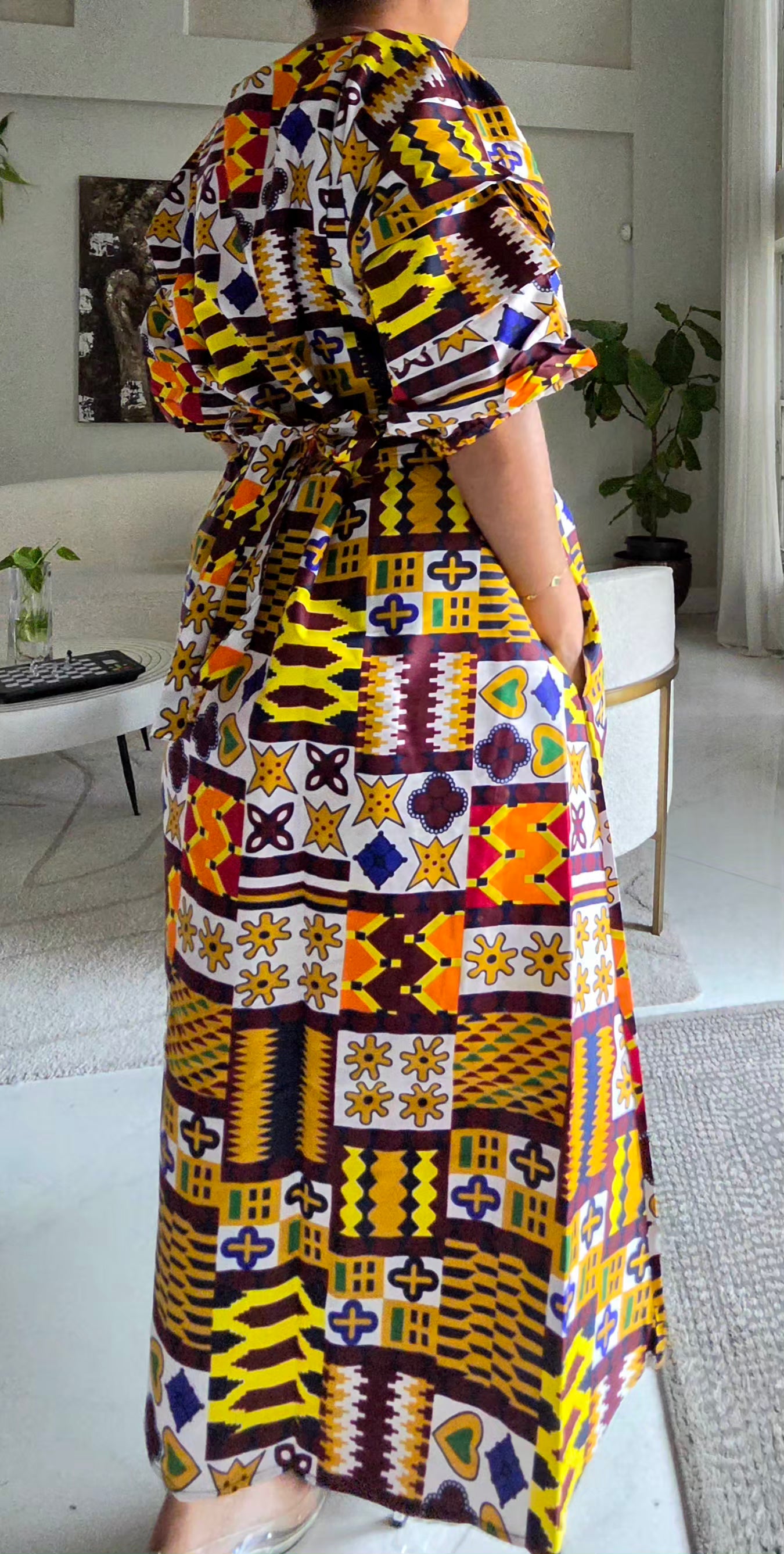 746 Wrap Dress With Puffed Sleeves Print 746