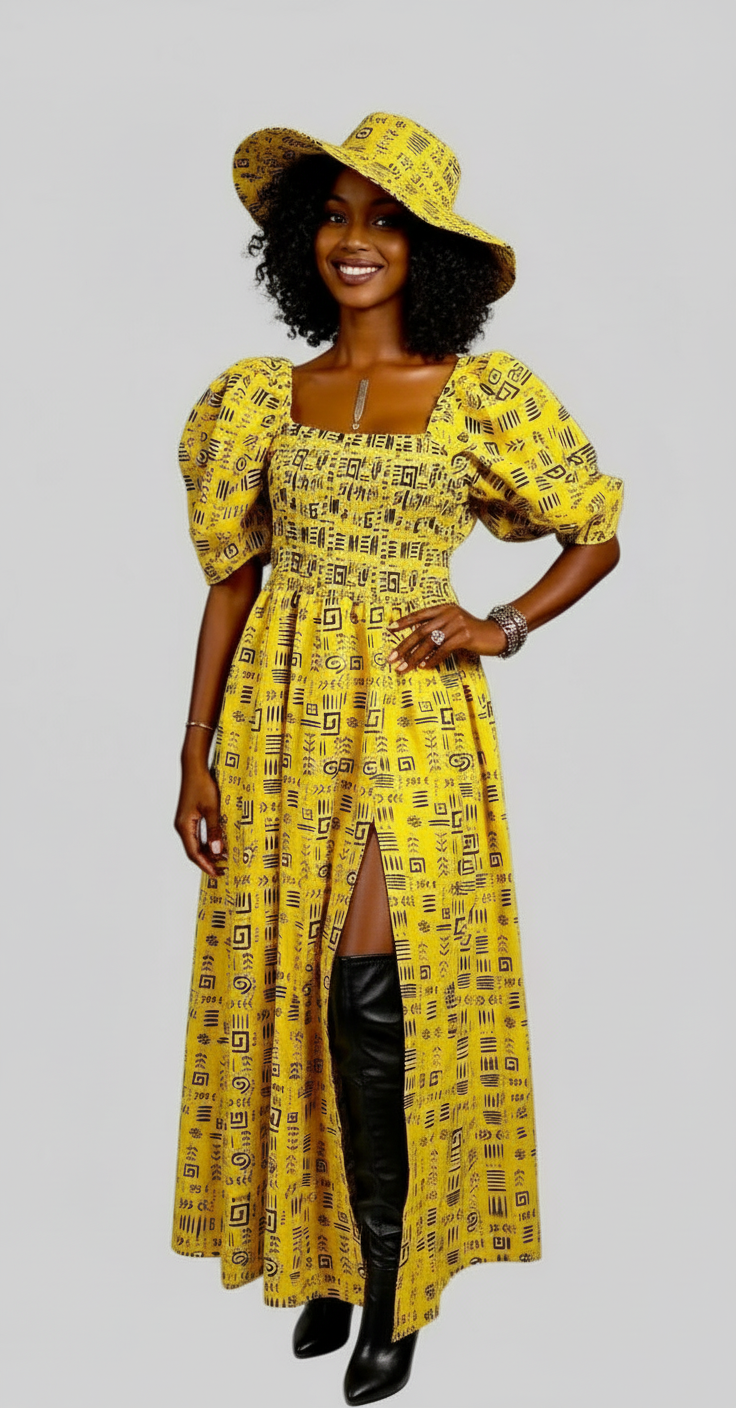 Maxi Slit Dress with Hat & Scarf Set SD01 Yellow