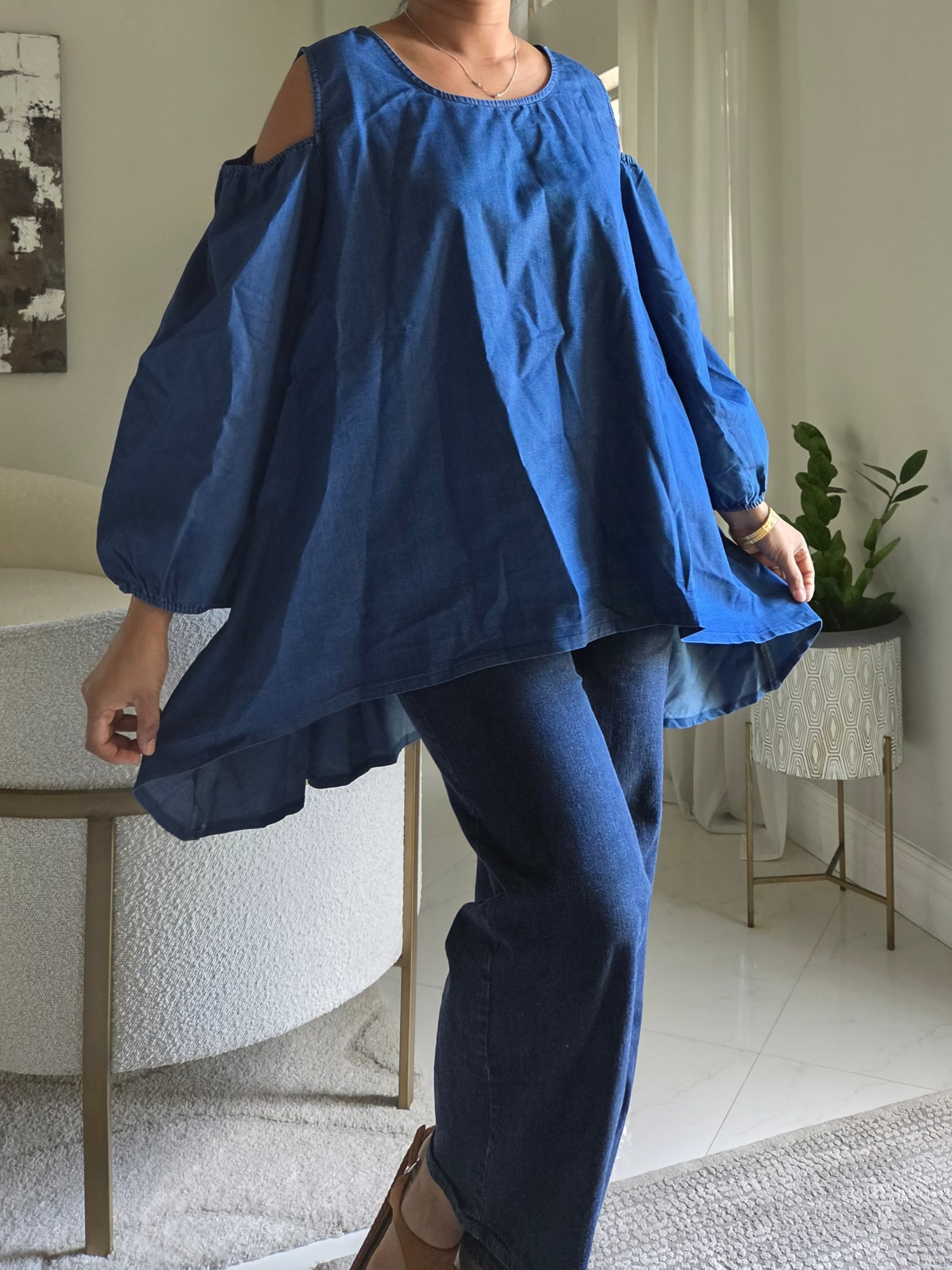 Maya Cold-Shoulder Denim Billow Blouse 848