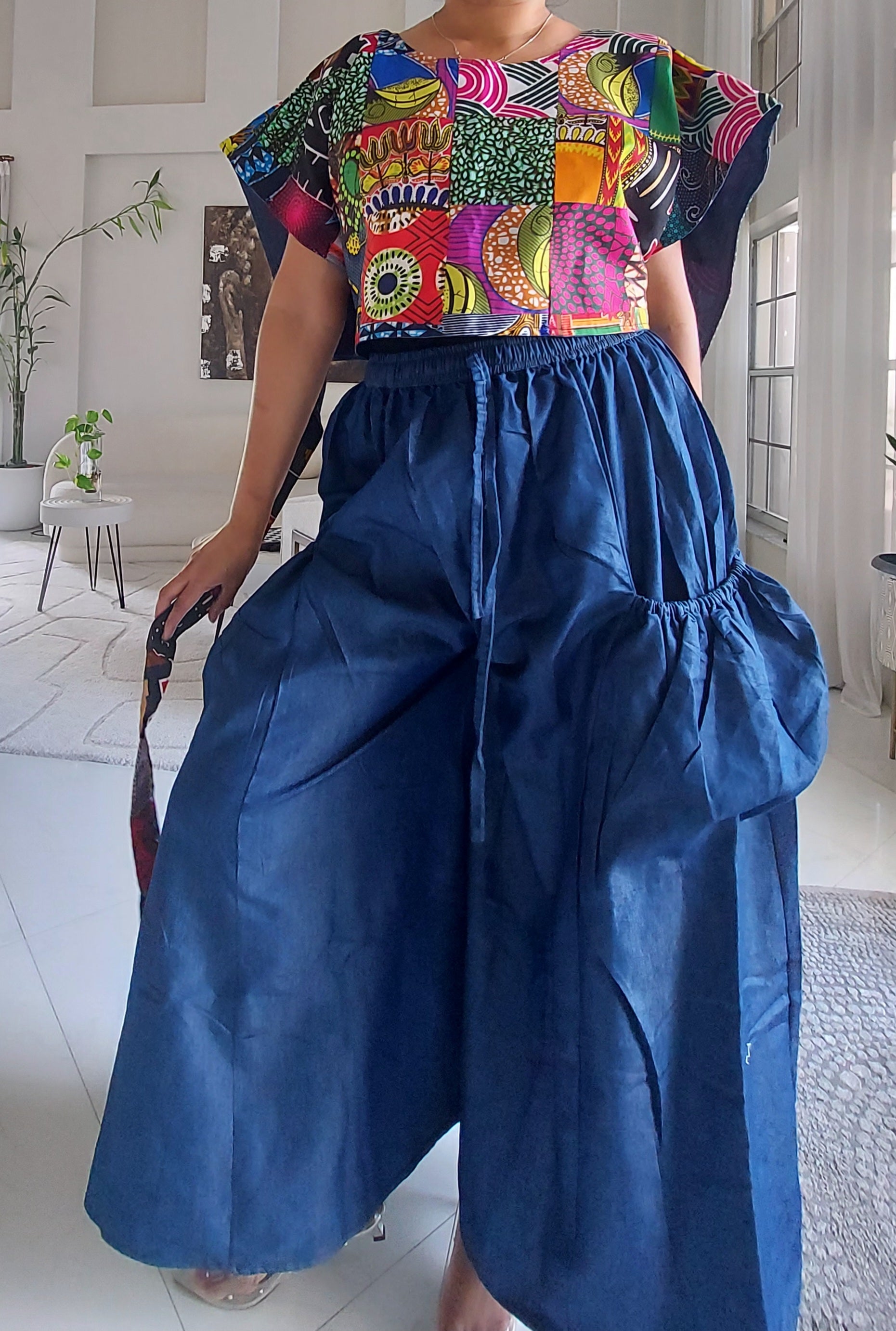 Denim Big Pocket Palazzo Pant - 45 Dark Blue Denim