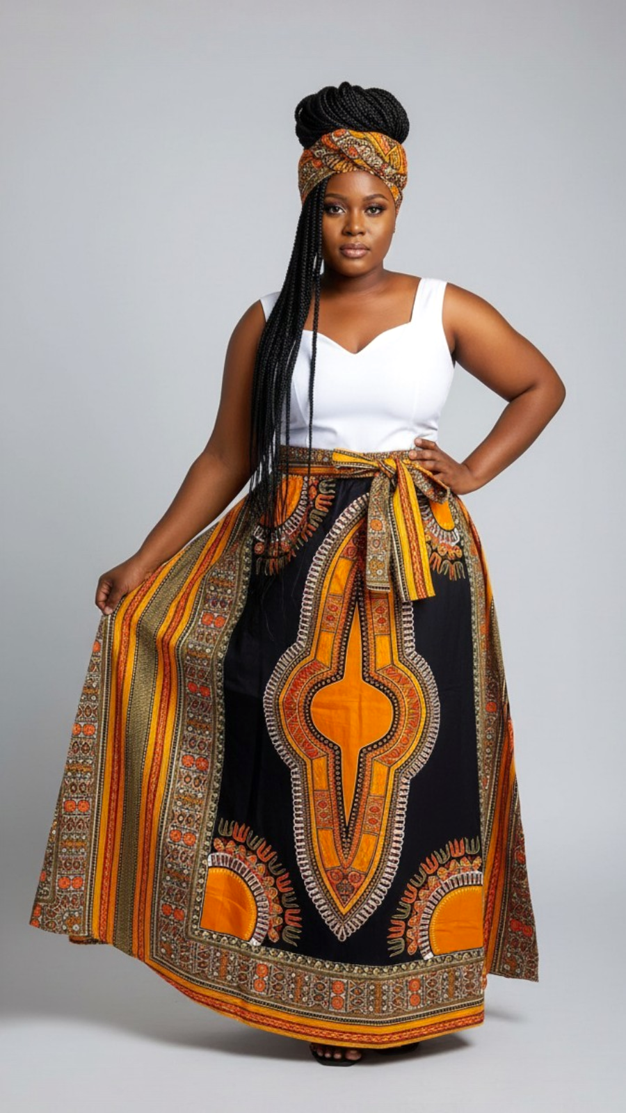 Women Long Dashiki Print Skirt - 6011D Orange