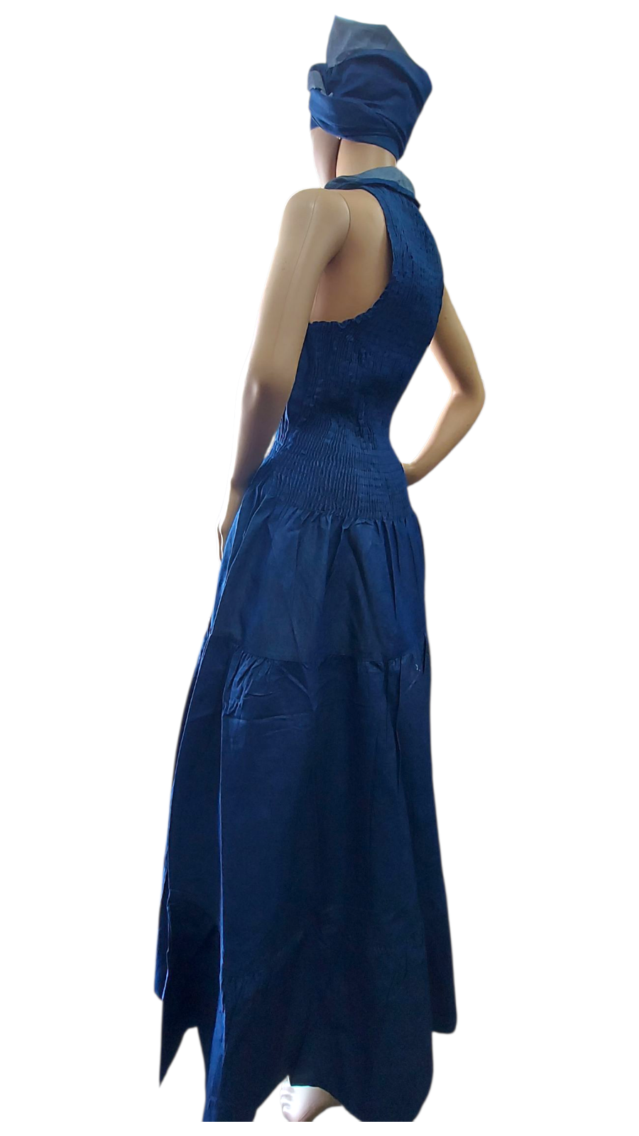 Smocked Halter Dress With Scarf Blue Denim - 3028L
