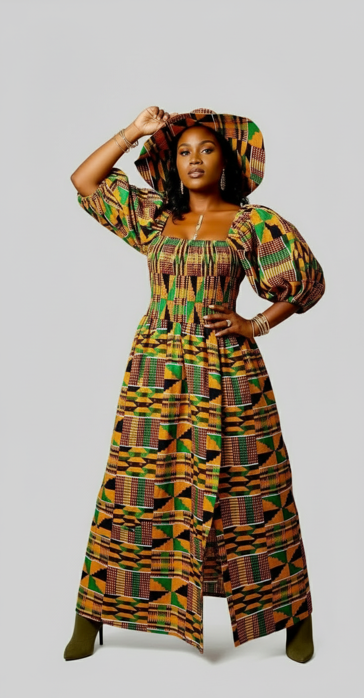 Maxi Slit Dress with Hat & Scarf Set SD01 Kente