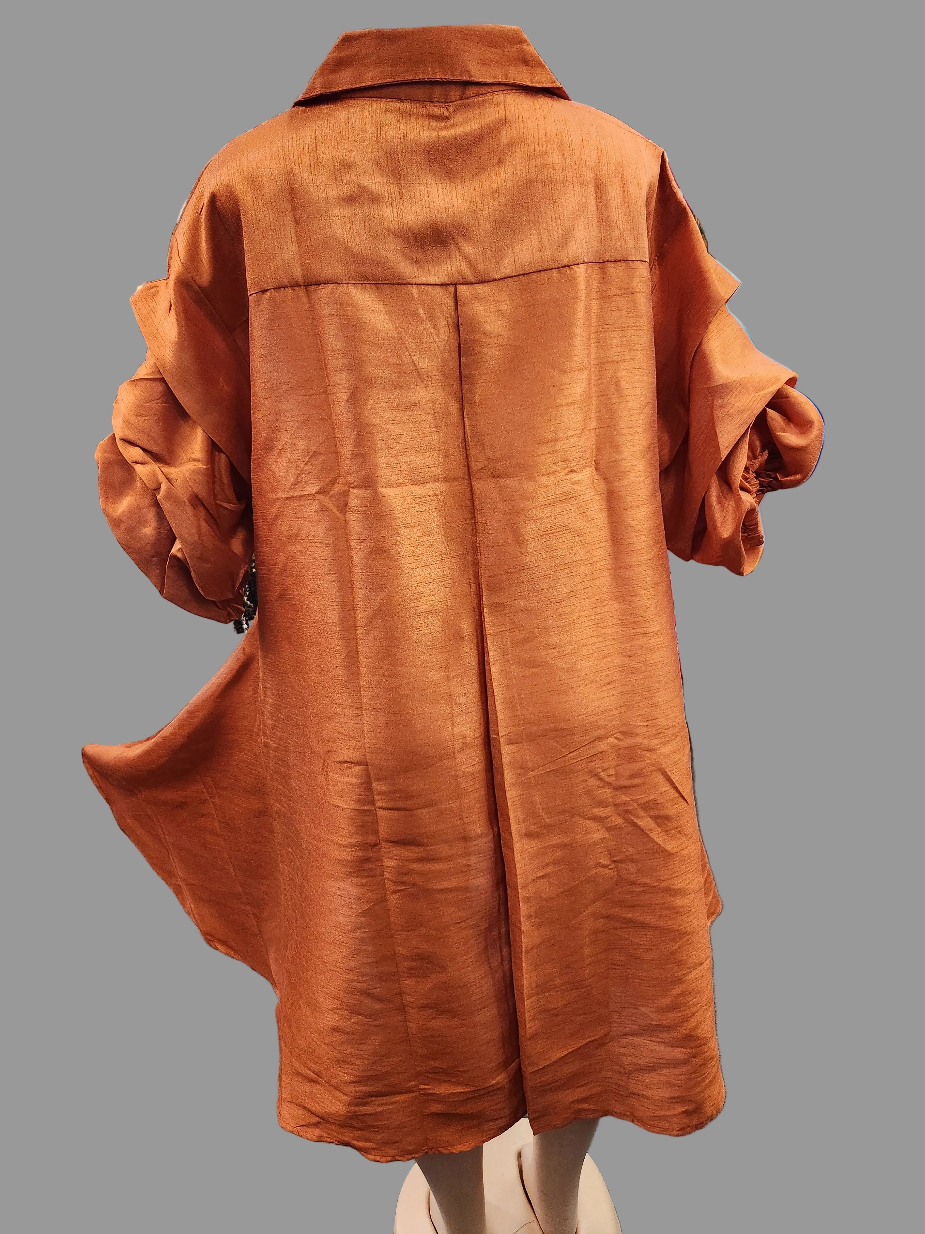 Swing Dress/ Faux Silk/ Ruffle Sleeve With Gyname Decal 758G Rust Orange